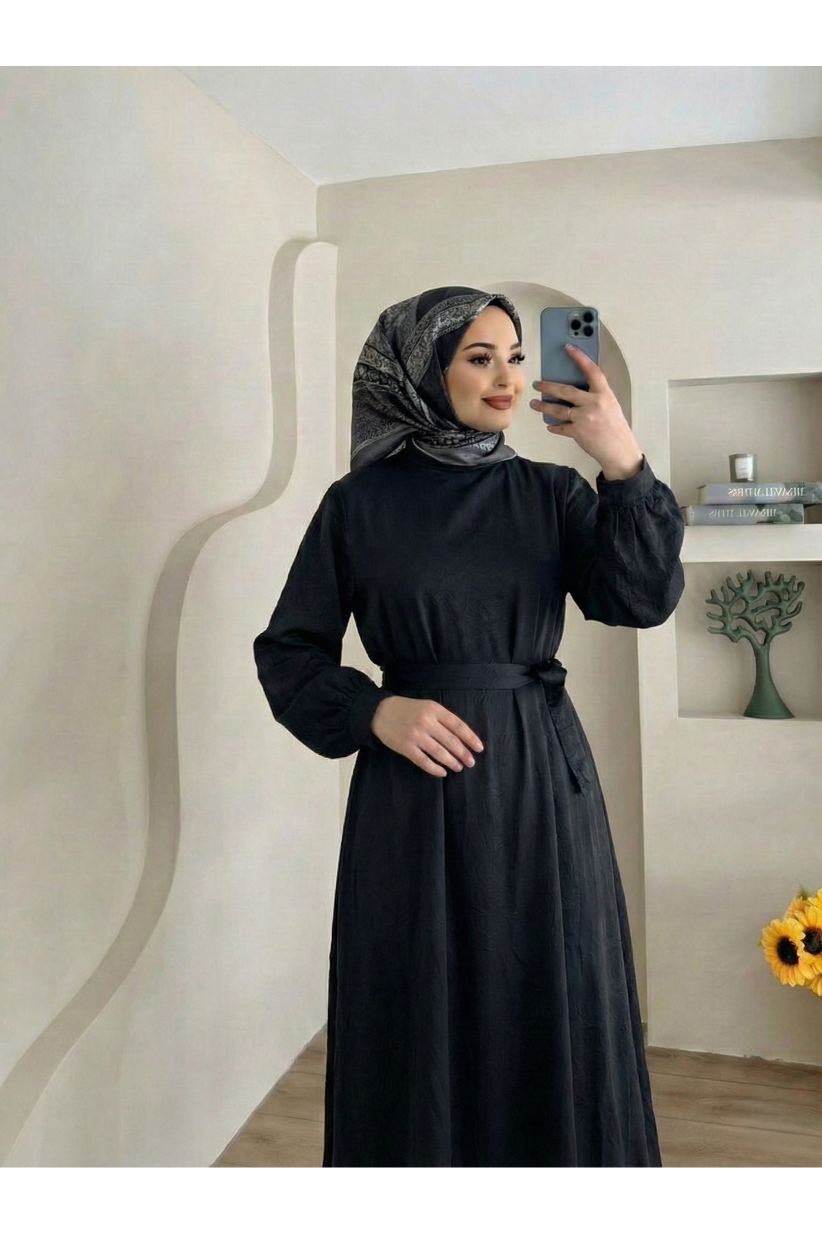 Kuşak Detay Saten Elbise-Siyah