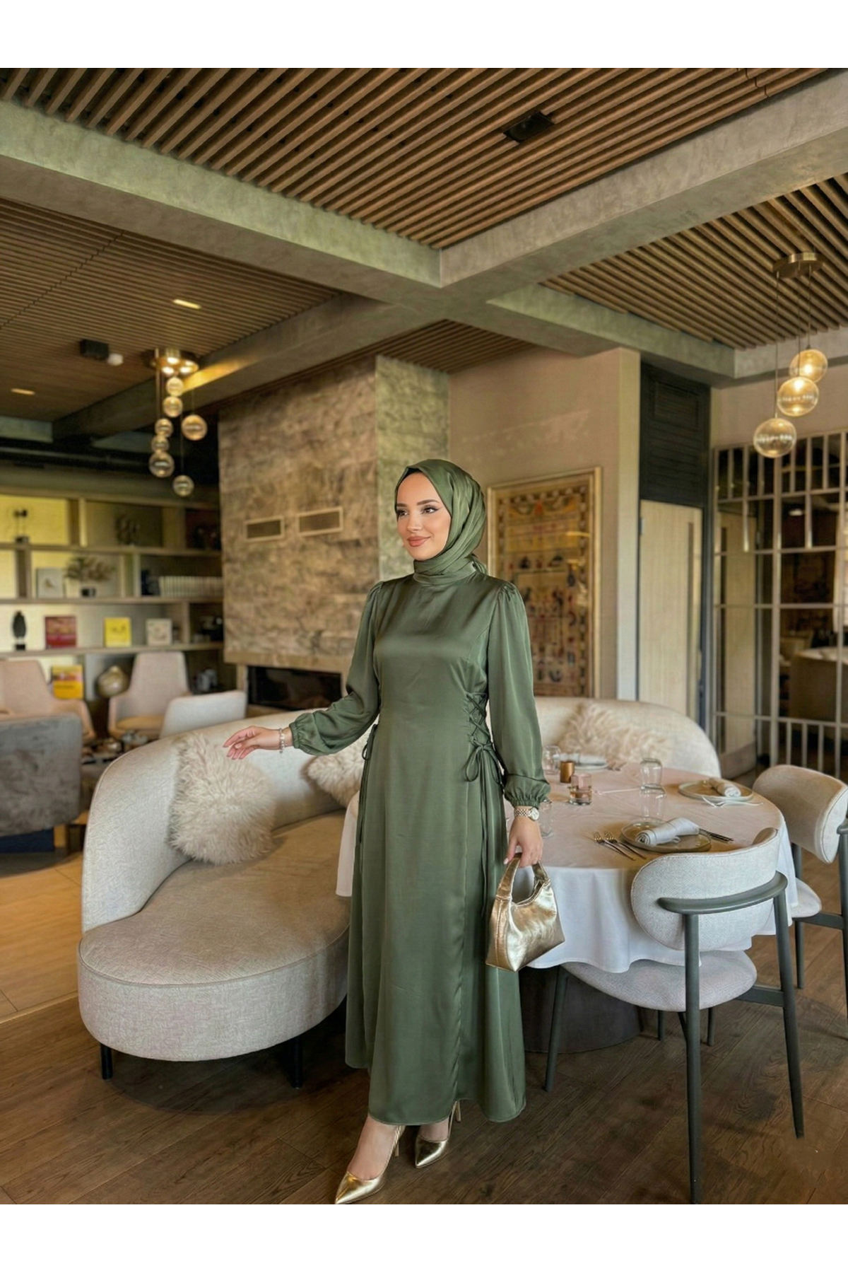 Yanlar Birit Bağlamalı Elbise-Haki