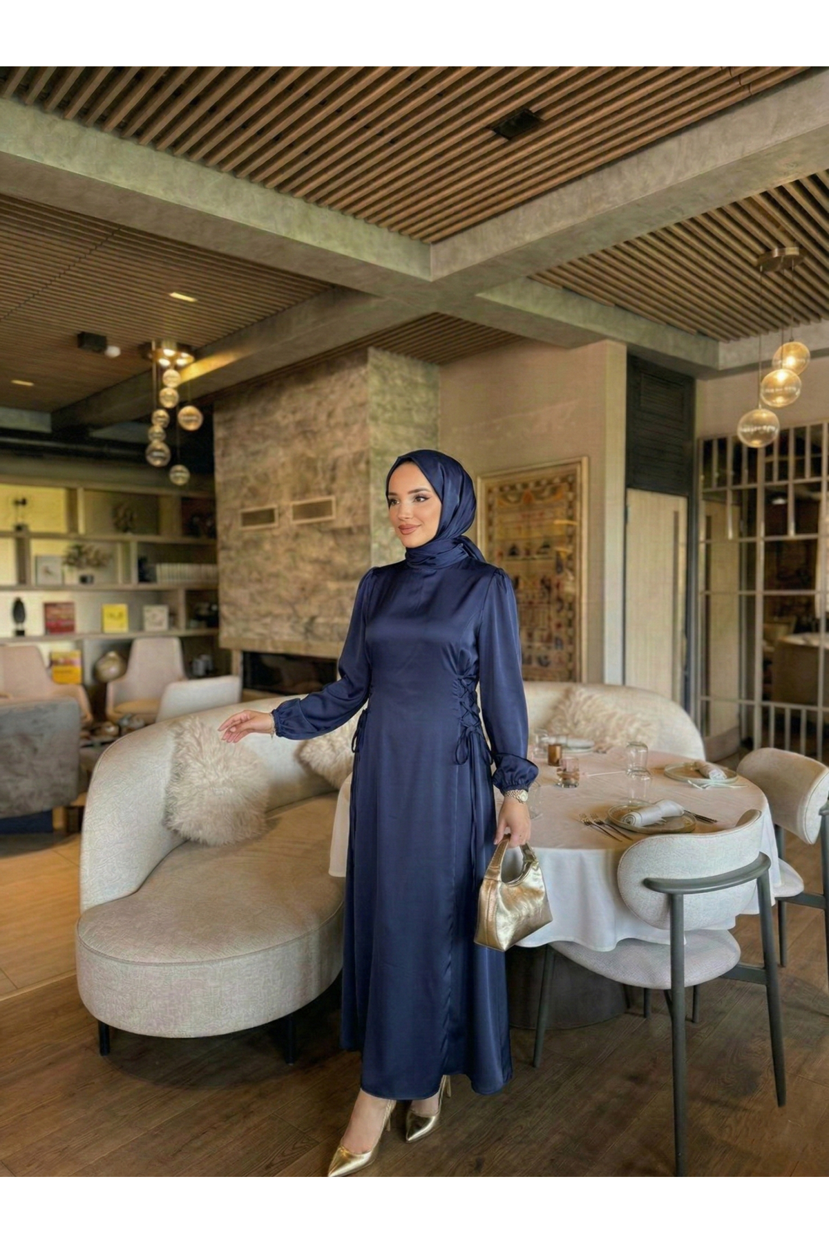 Yanlar Birit Bağlamalı Elbise-Lacivert