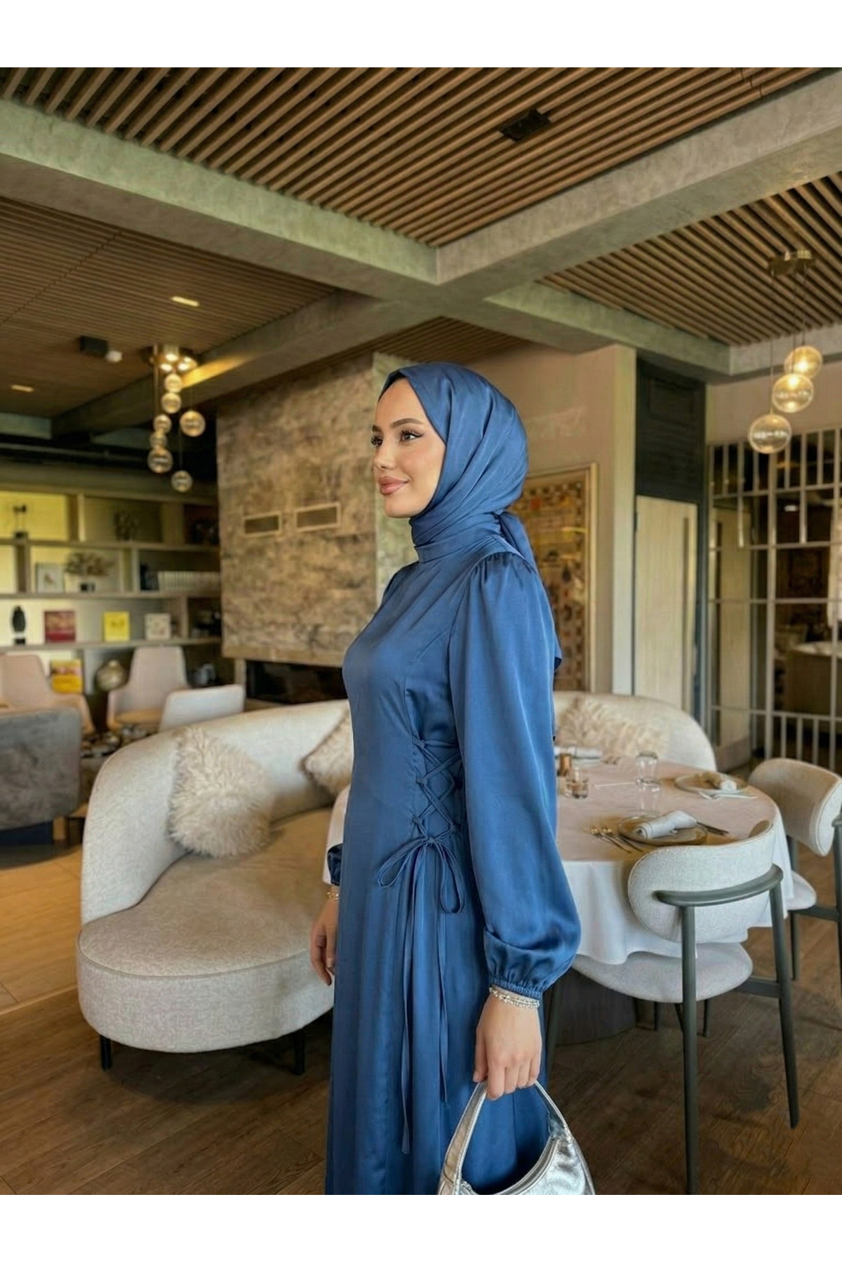 Yanlar Birit Bağlamalı Elbise-Petrol Mavisi