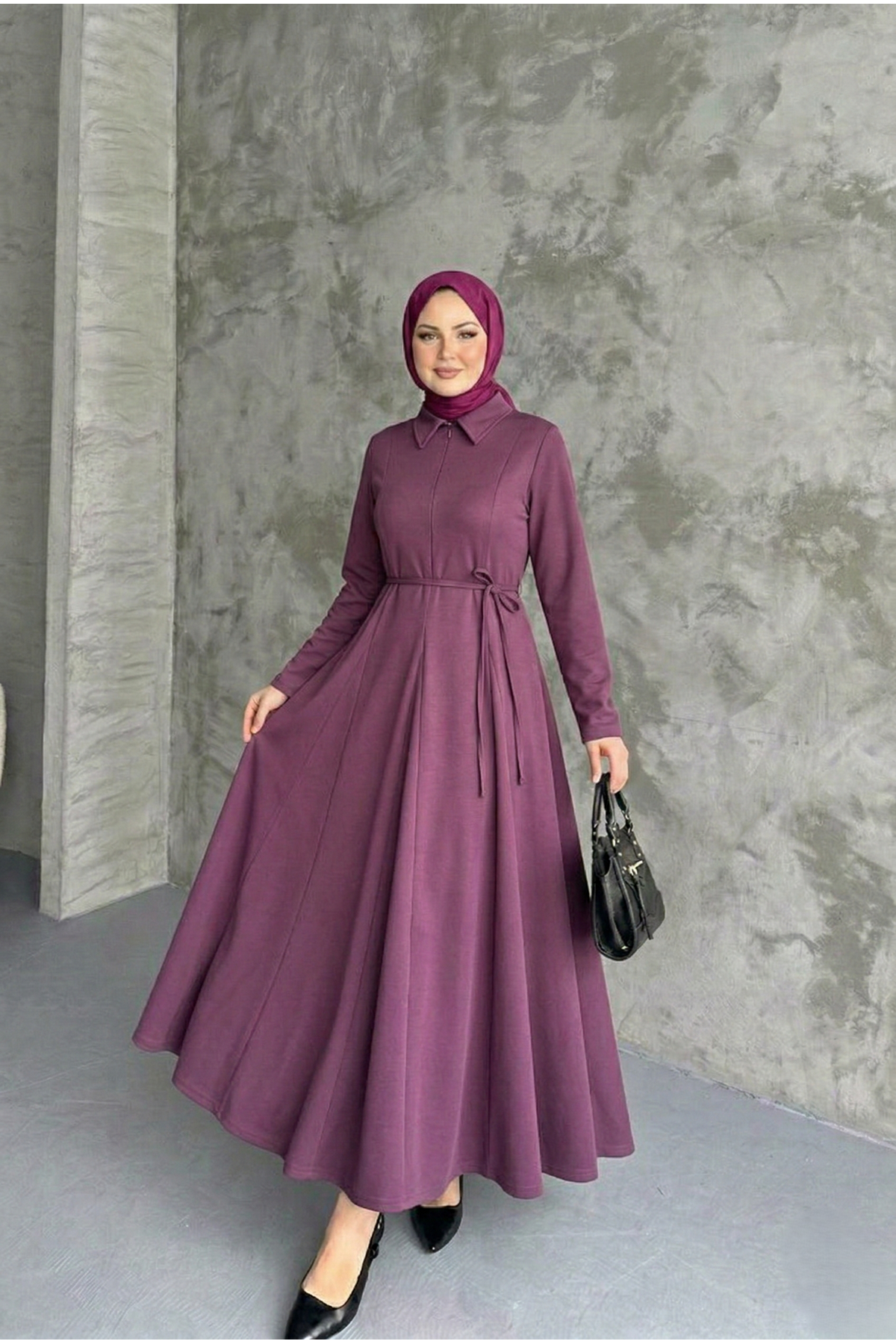 Yaka Fermuar Detay Elbise-Gül Kurusu