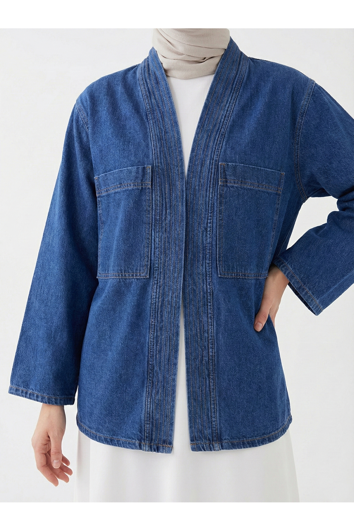 Cep Detaylı Sıra Dikişli Kot Ceket-Lacivert