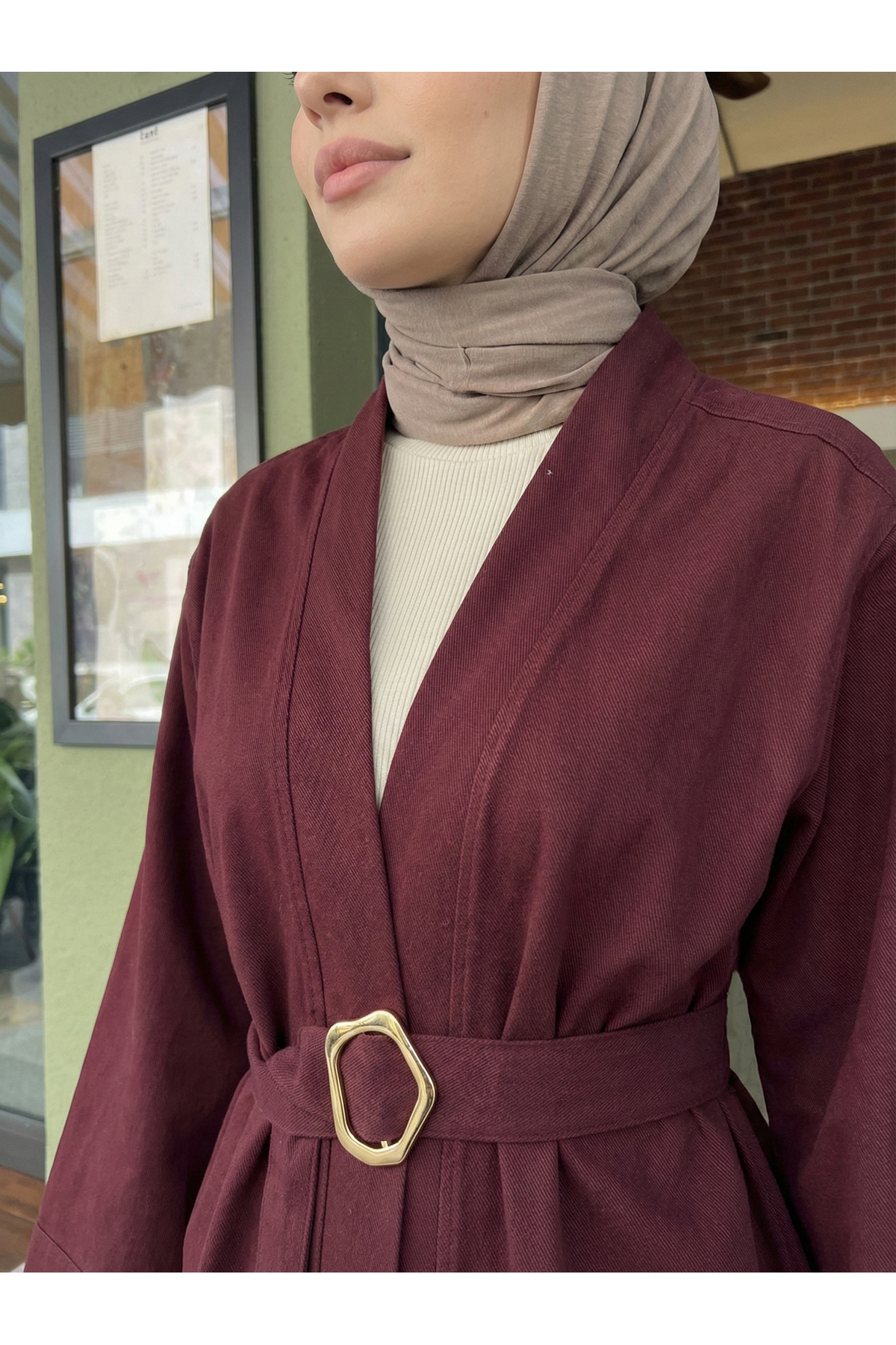 Geniş Manşet Kuşak Detay Ceket-Bordo
