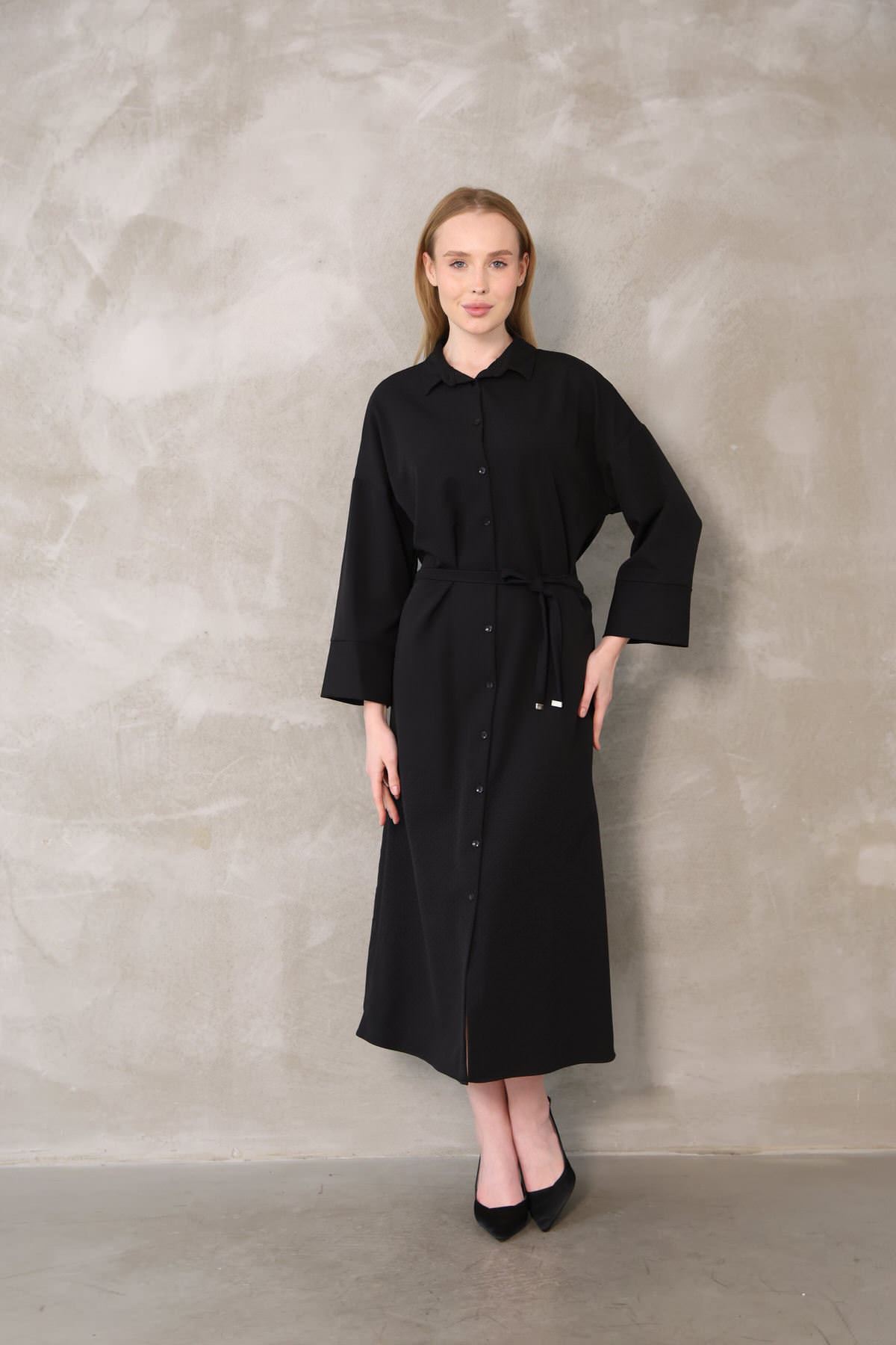 Takma Manşet Dabıl Elbise-Siyah