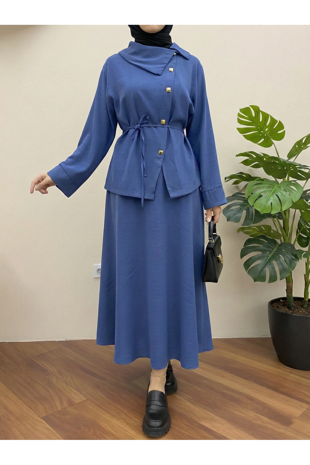 Çapraz Düğmeli Etekli Takım-İndigo