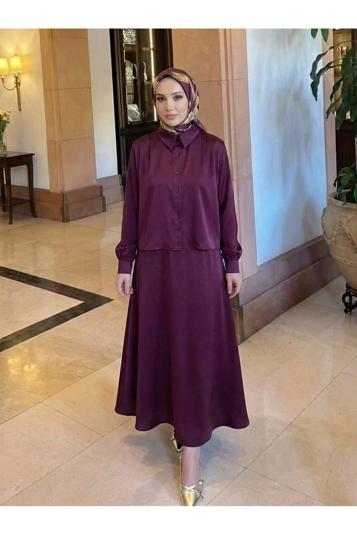 Omuz Pile Detay Saten Etekli Takım-Mürdüm