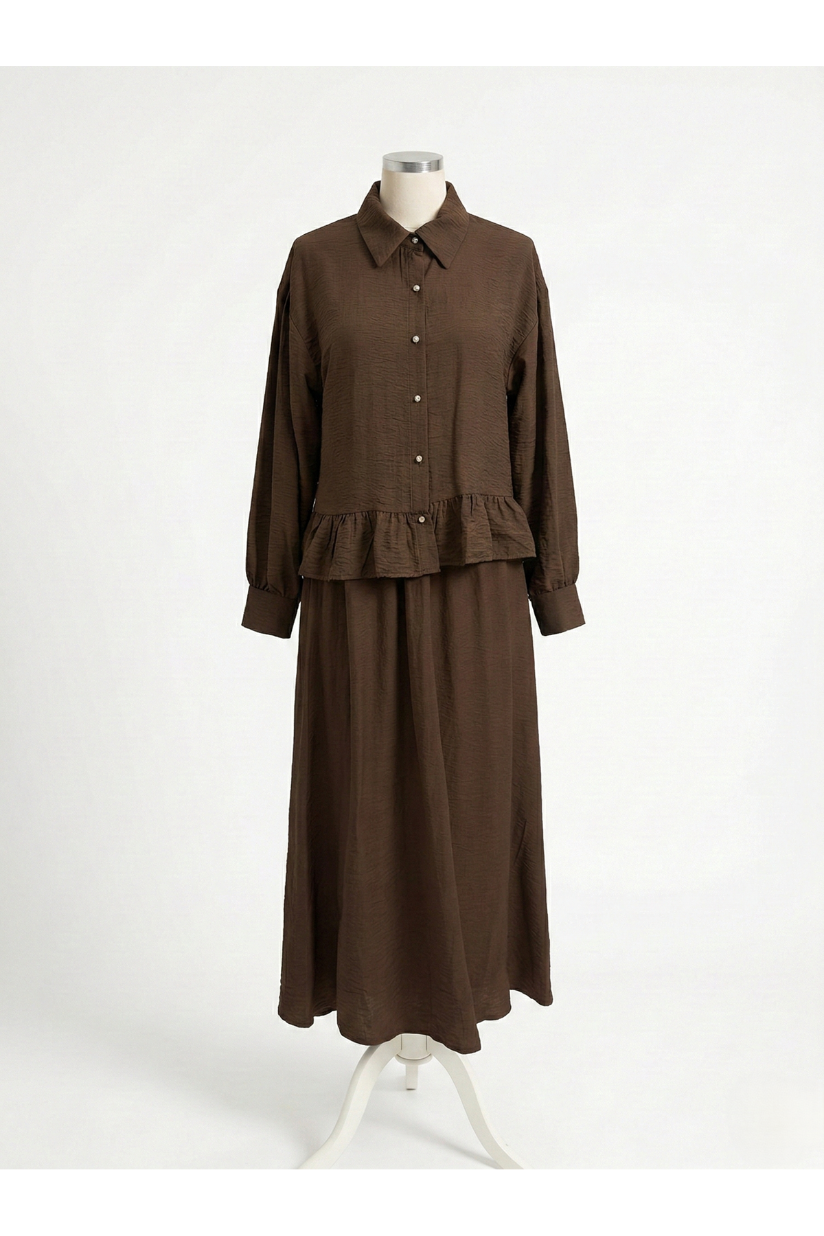 Büzgü Detay Etekli Takım-Kahve