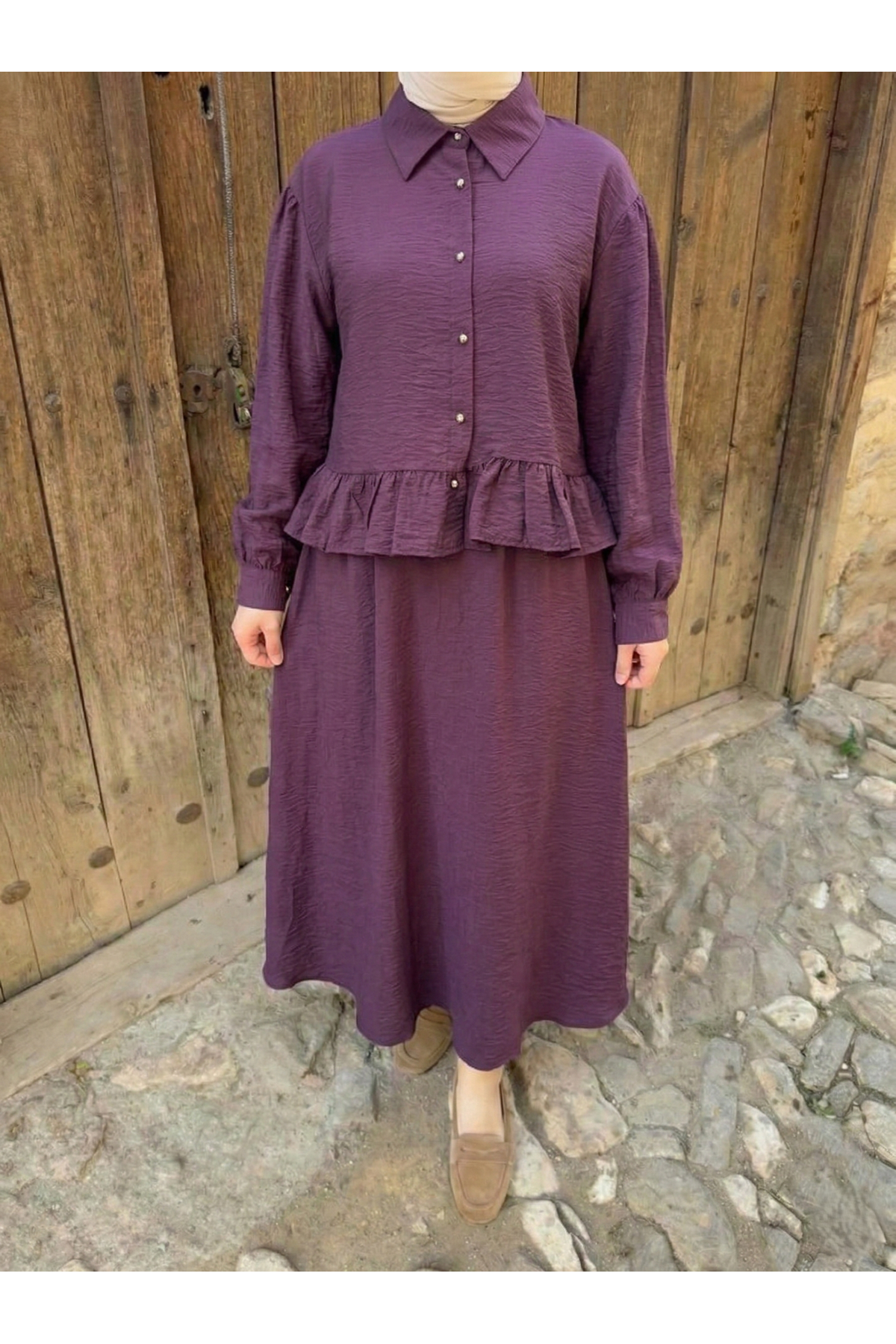 Büzgü Detay Etekli Takım-Mürdüm