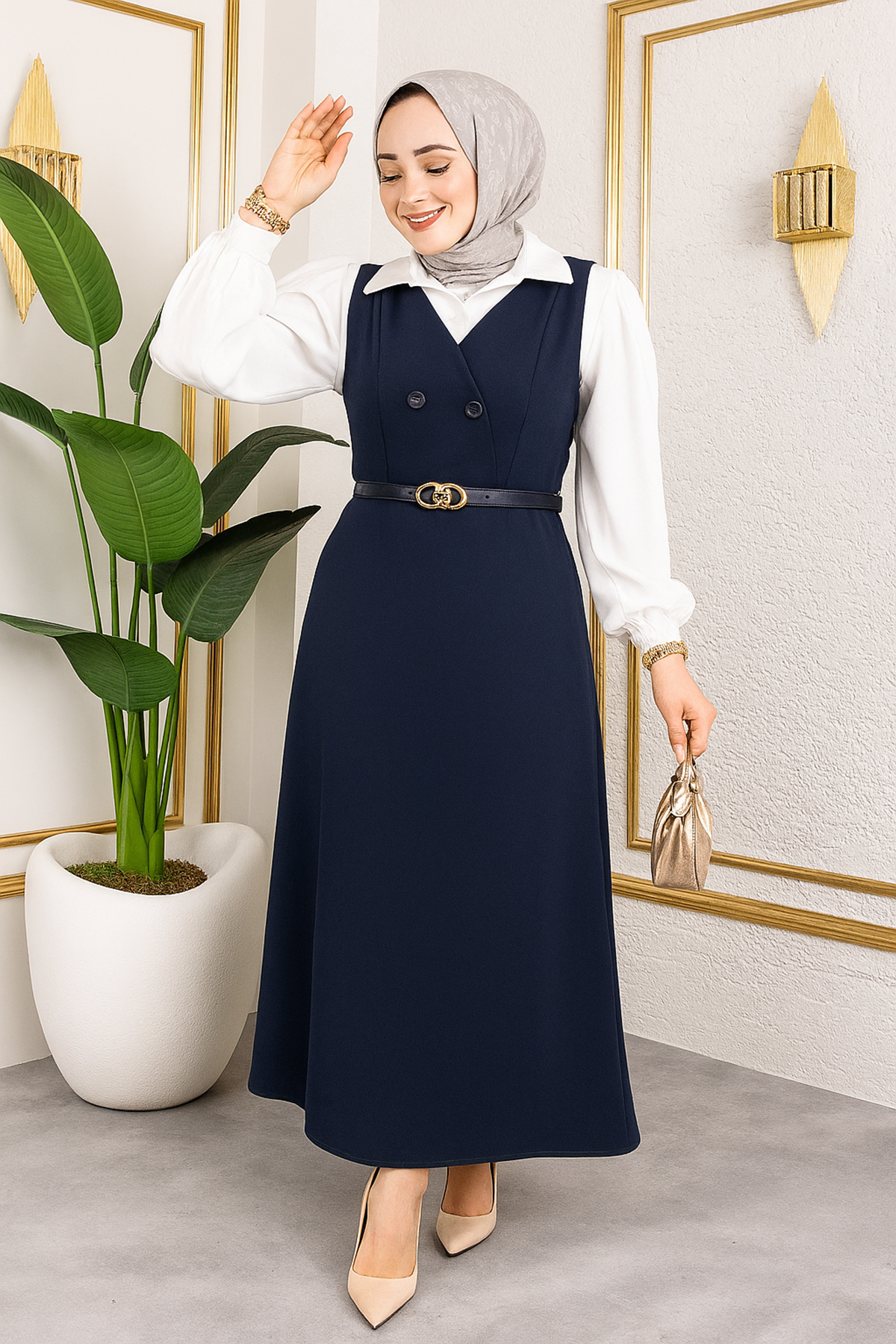 Düğme Detay Jile-Lacivert