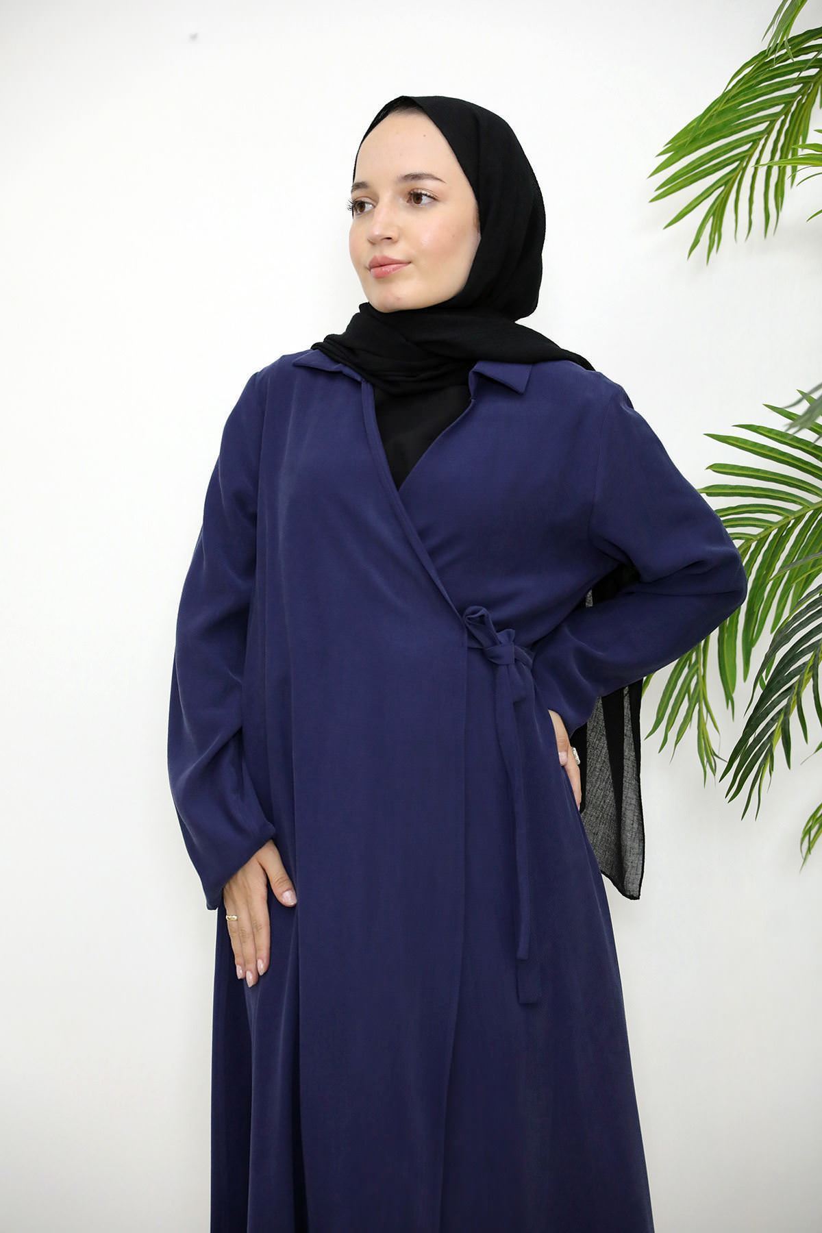 Yakalı Yandan Bağlamalı Elbise-Lacivert