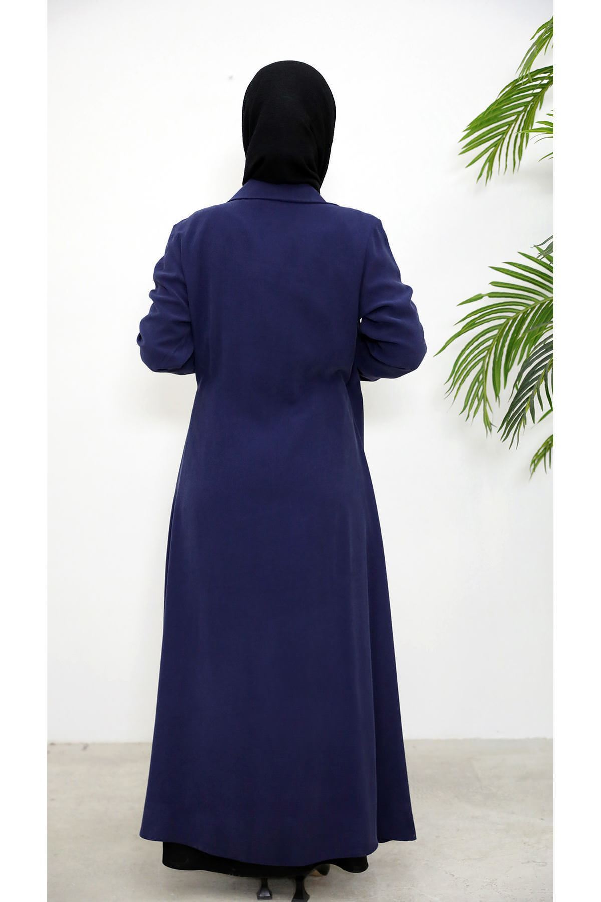 Yakalı Yandan Bağlamalı Elbise-Lacivert