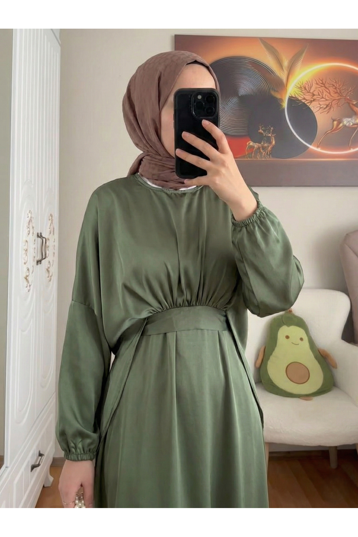 Bağlama Detaylı İkili Saten Elbise-Haki