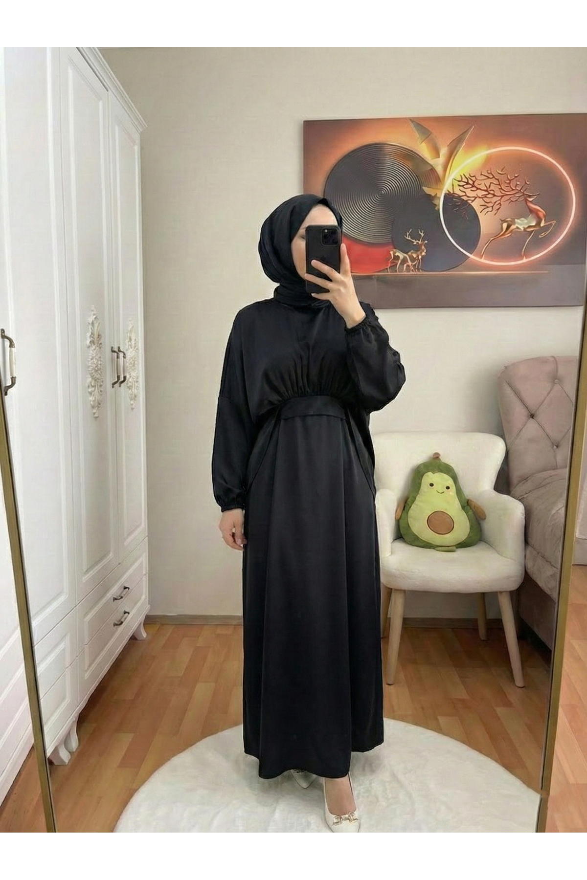 Bağlama Detaylı İkili Saten Elbise-Siyah