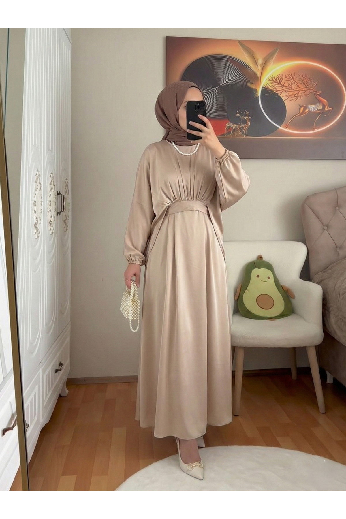 Bağlama Detaylı İkili Saten Elbise-Taş