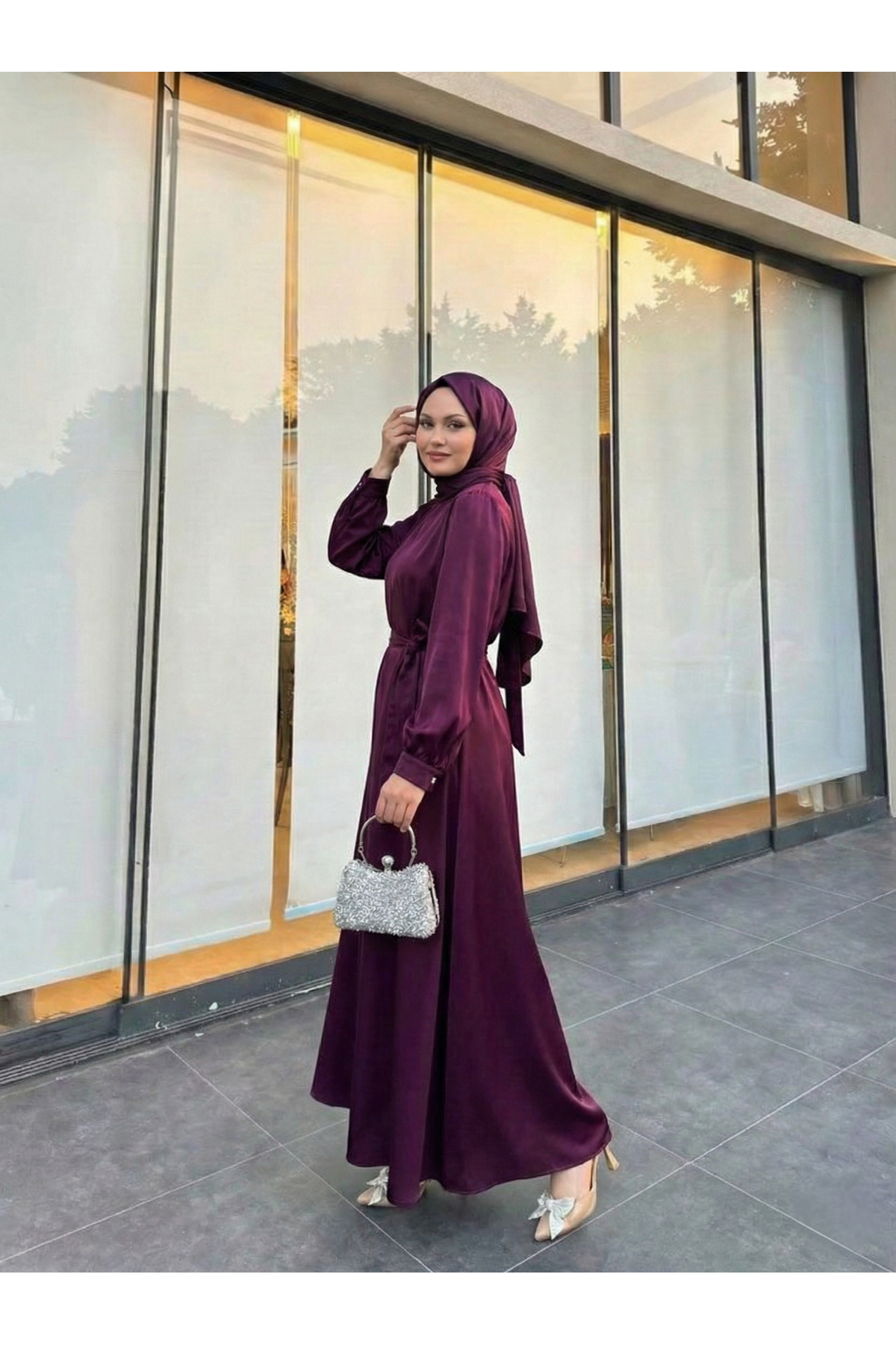 Kuşak Detay Saten Elbise-Mürdüm