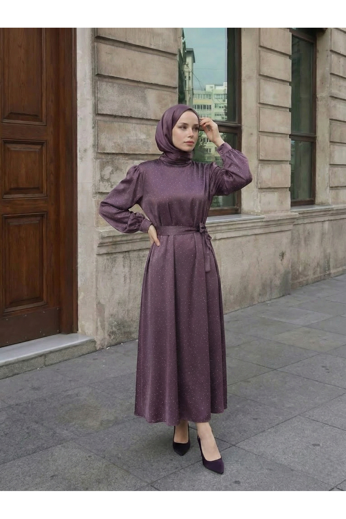 Saten Taşlı Elbise-Gül Kurusu