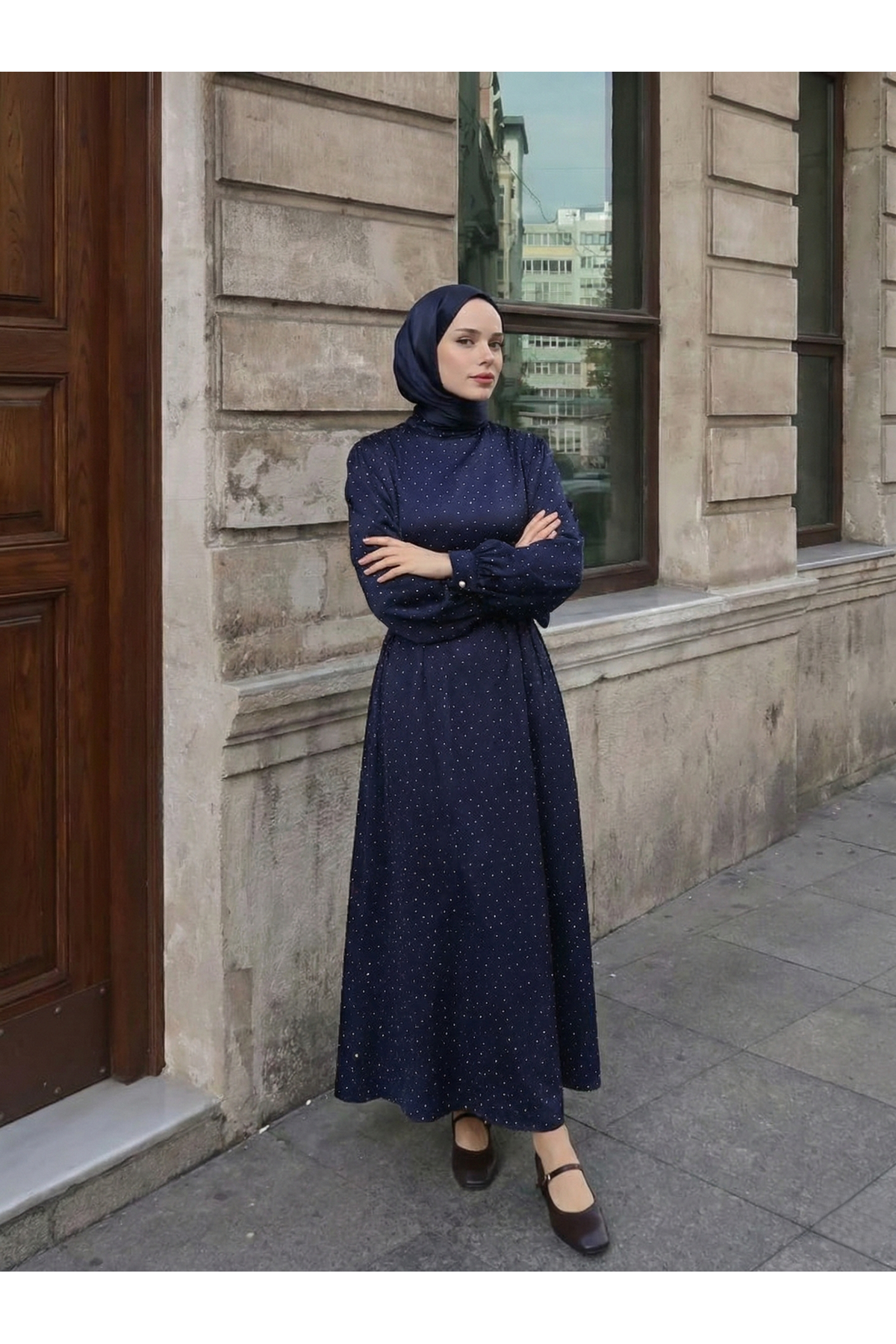 Saten Taşlı Elbise-Lacivert