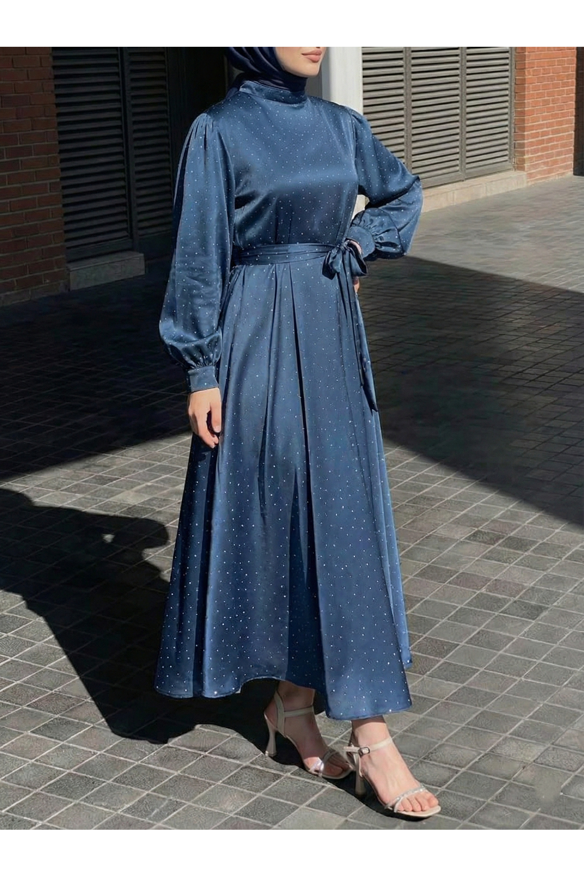 Saten Taşlı Elbise-Petrol Mavisi