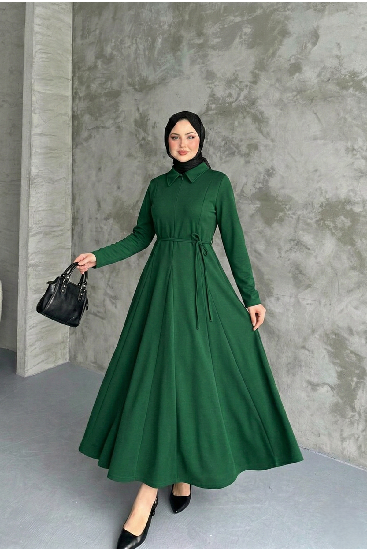 Yaka Fermuar Detay Elbise-Zümrüt Yeşili