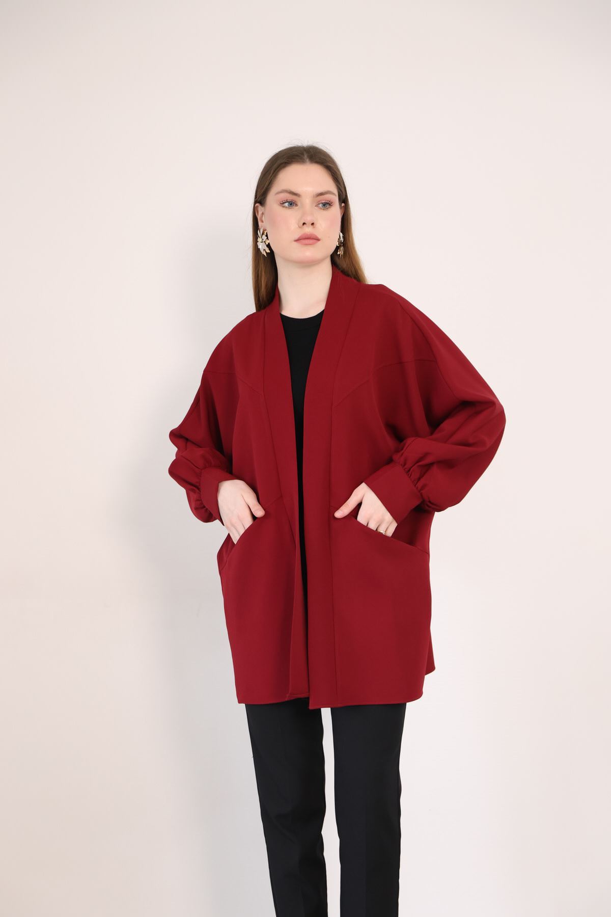 Cep Detay Atlas Hırka-Bordo