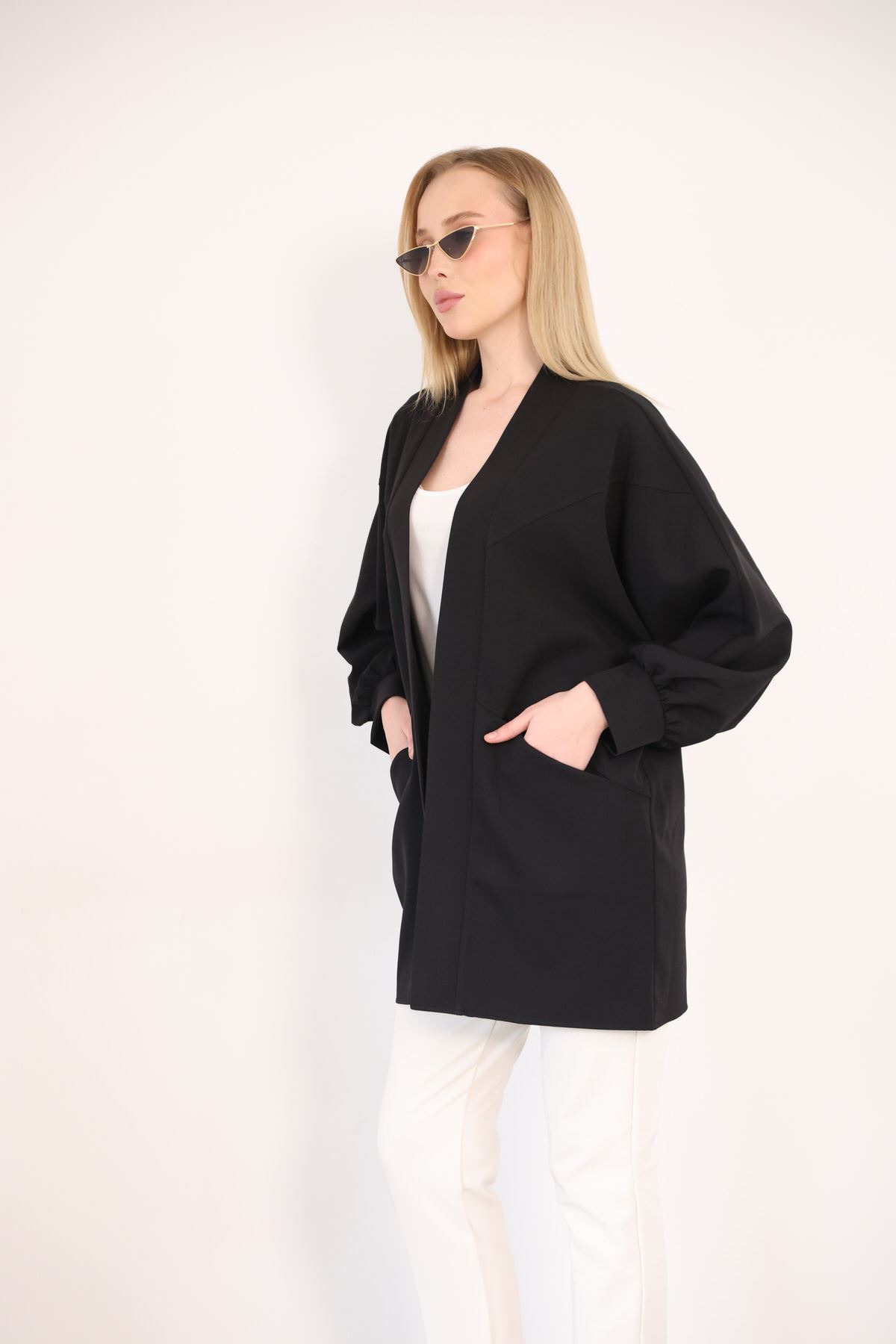 Cep Detay Atlas Hırka-Siyah