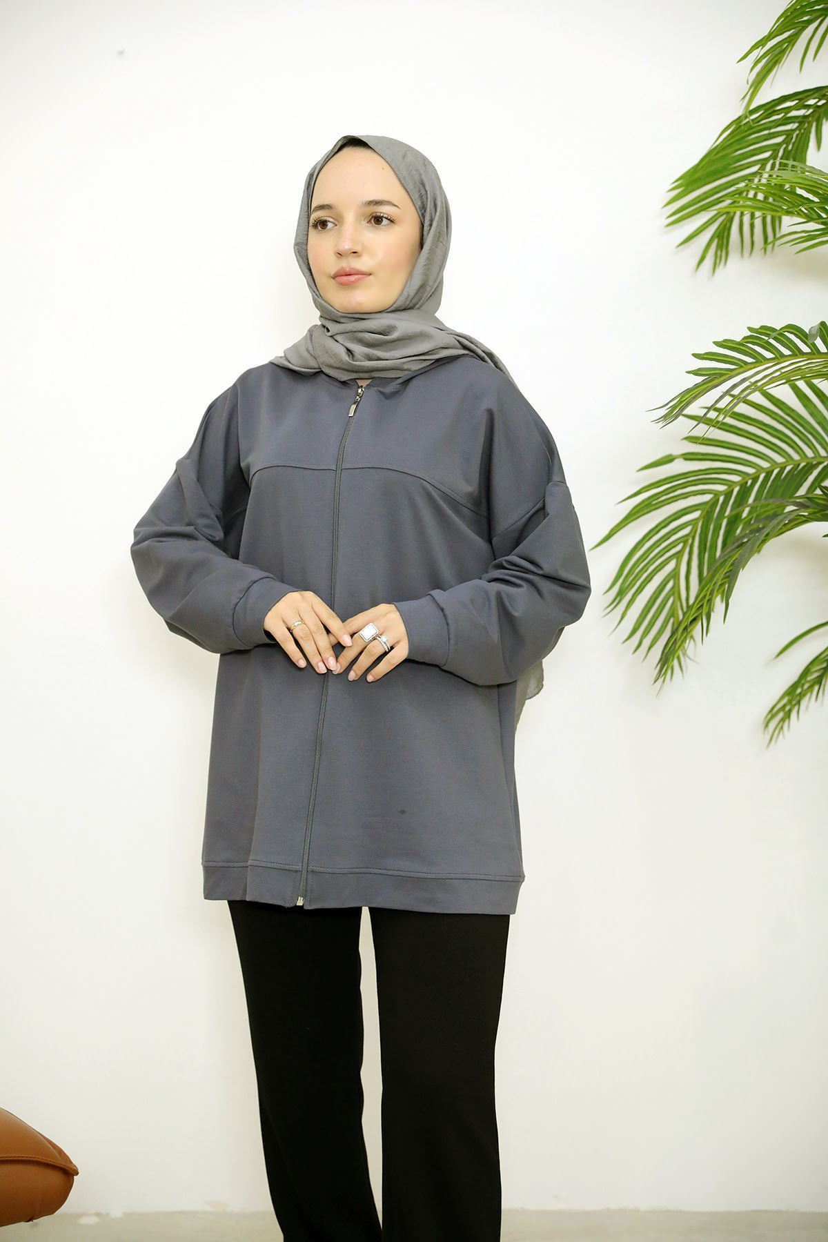 Kapşonlu Fermuar Detay Hırka-Antrasit