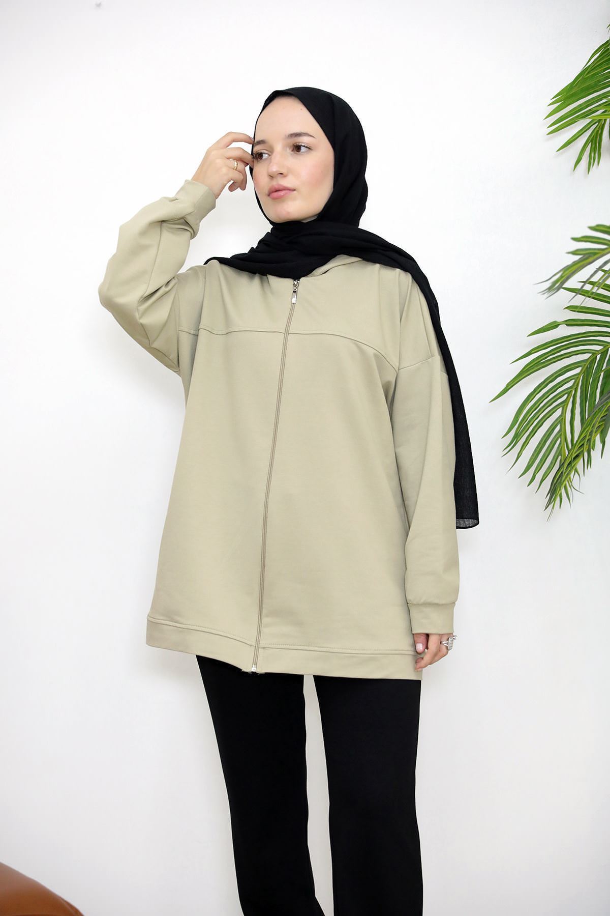 Kapşonlu Fermuar Detay Hırka-Mint