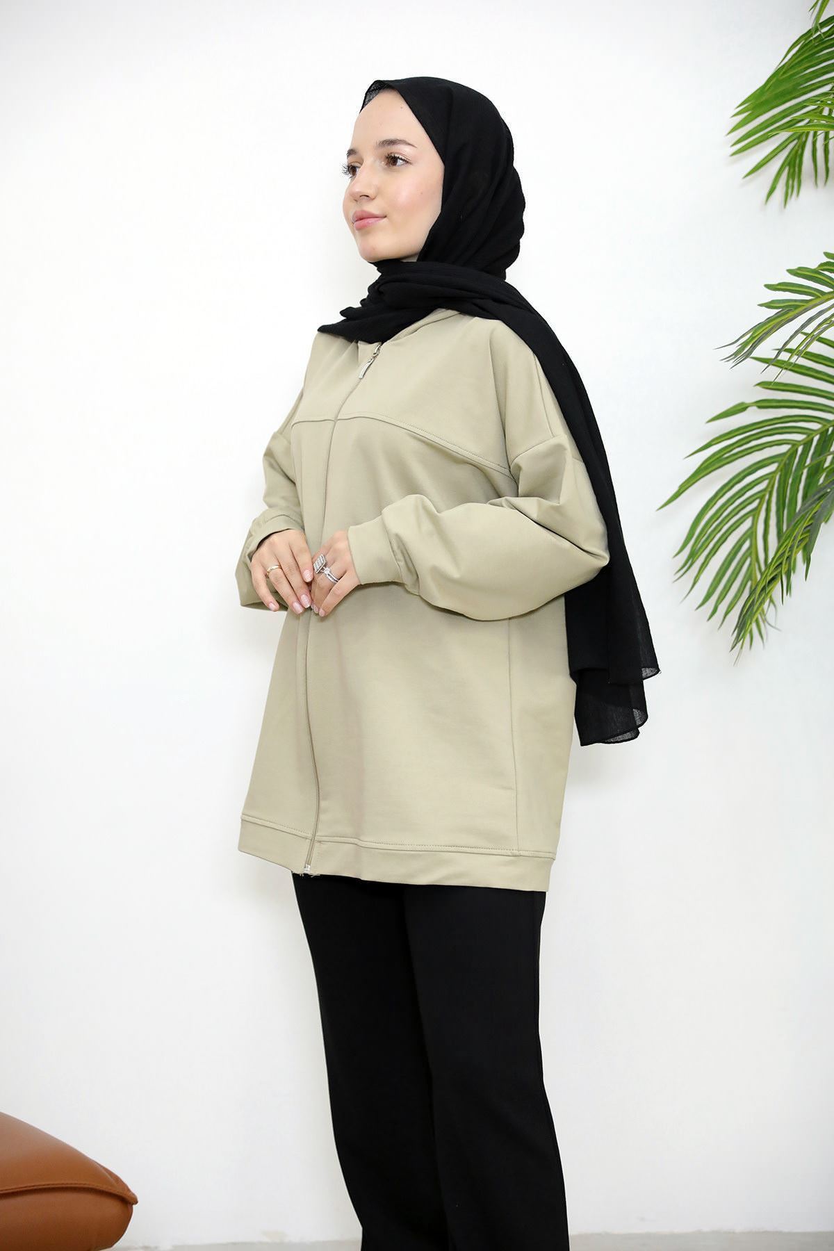 Kapşonlu Fermuar Detay Hırka-Mint