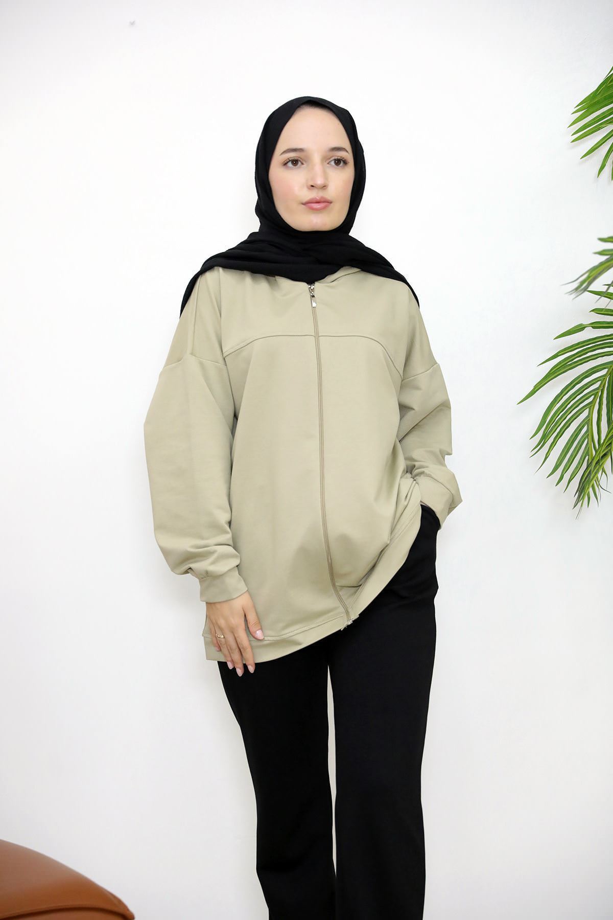 Kapşonlu Fermuar Detay Hırka-Mint