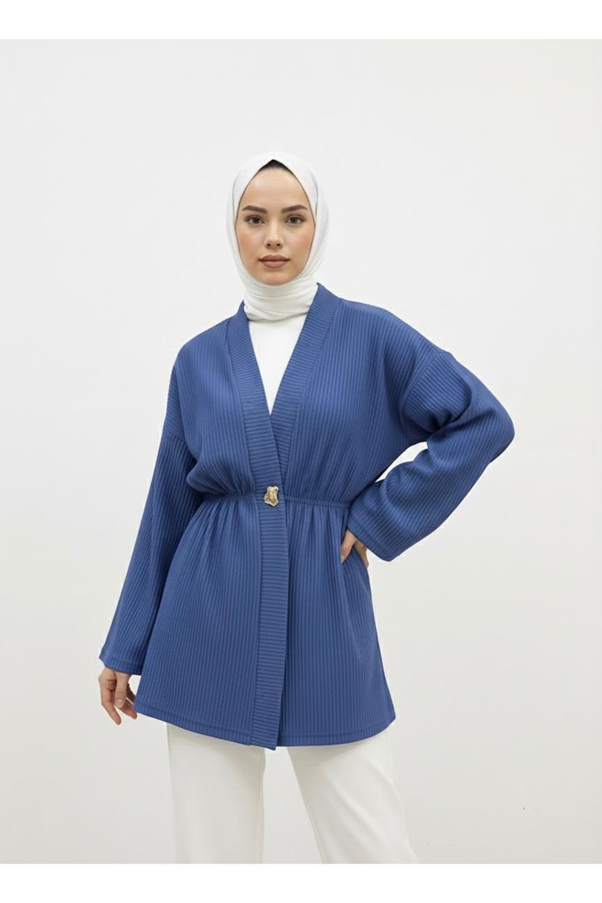 Düğme Detay Hırka-İndigo