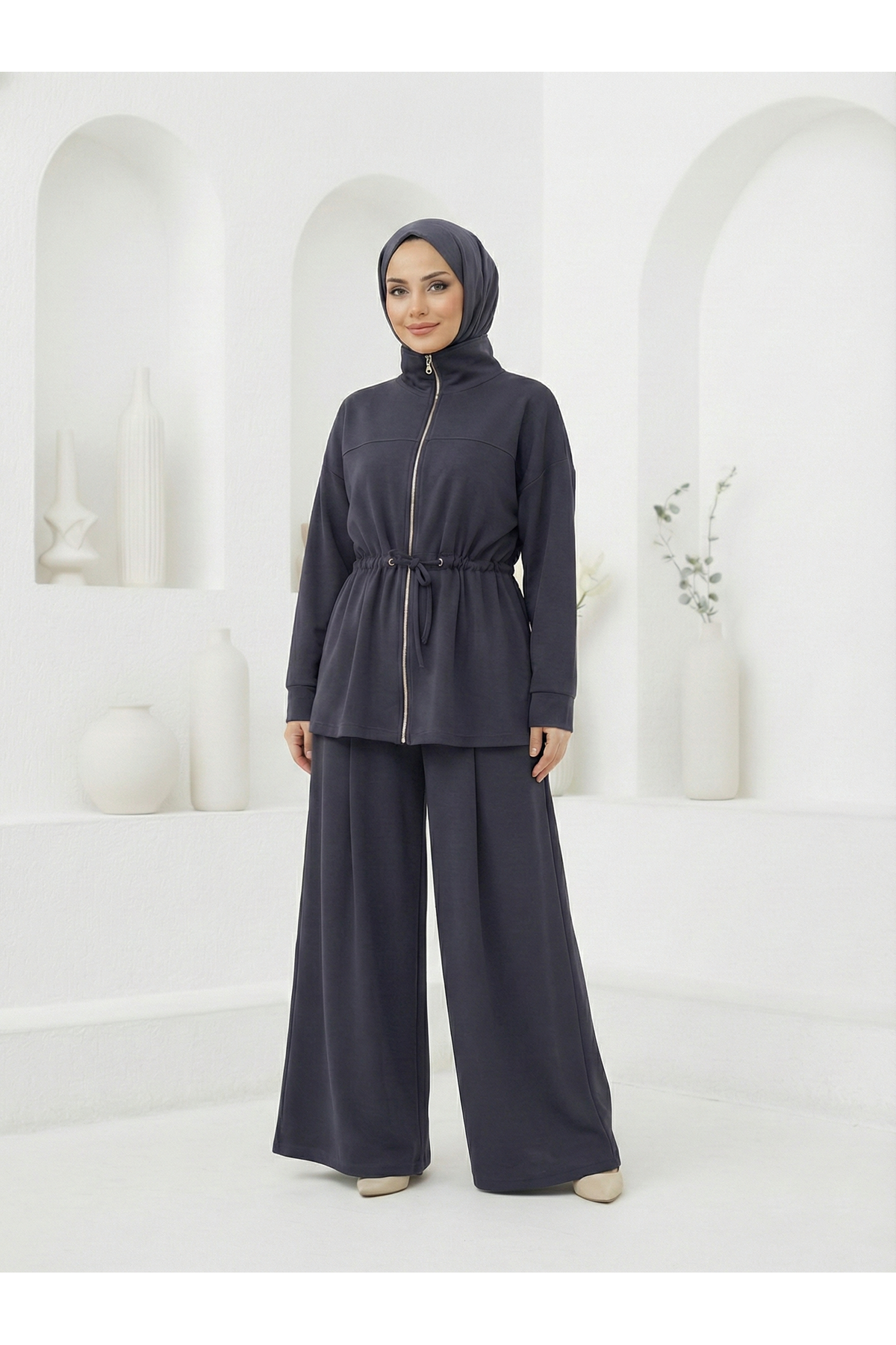 Beli Tünelli Pantolonlu Takım-Antrasit