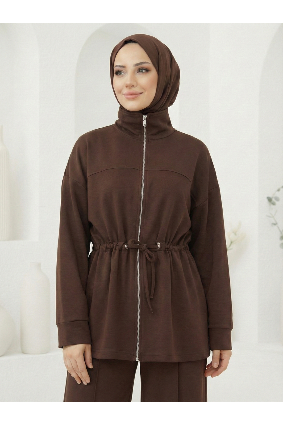 Beli Tünelli Pantolonlu Takım-Kahve