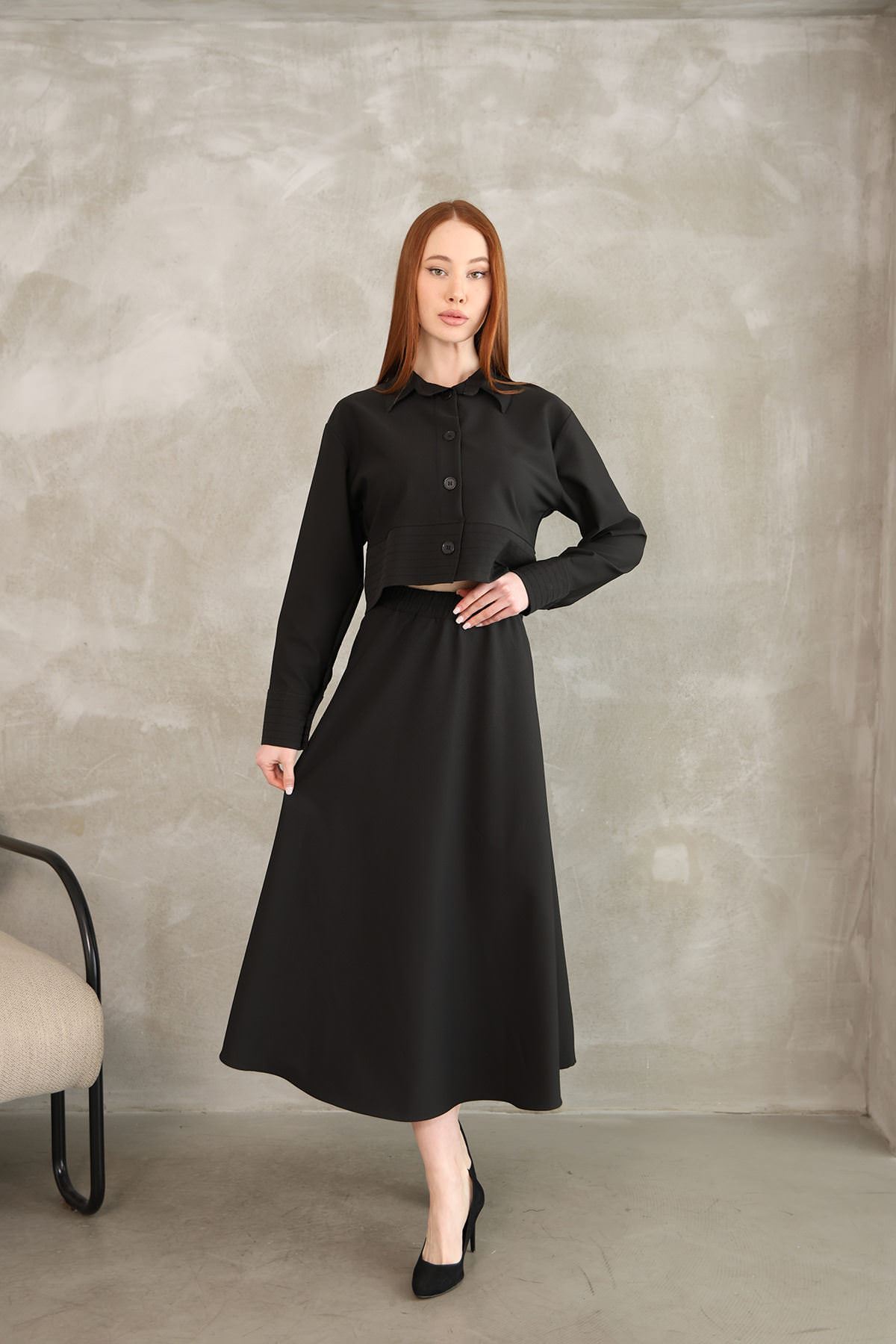 Sıralı Dikiş Detay Etekli Takım-Siyah