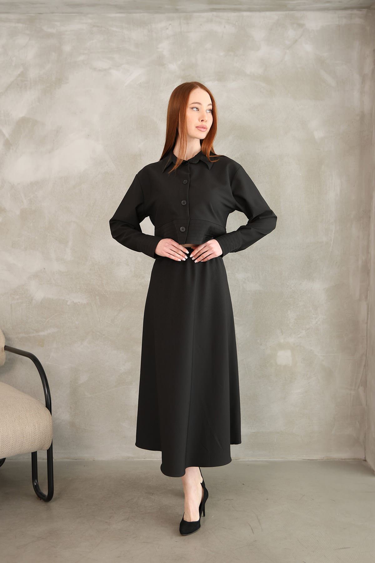 Sıralı Dikiş Detay Etekli Takım-Siyah