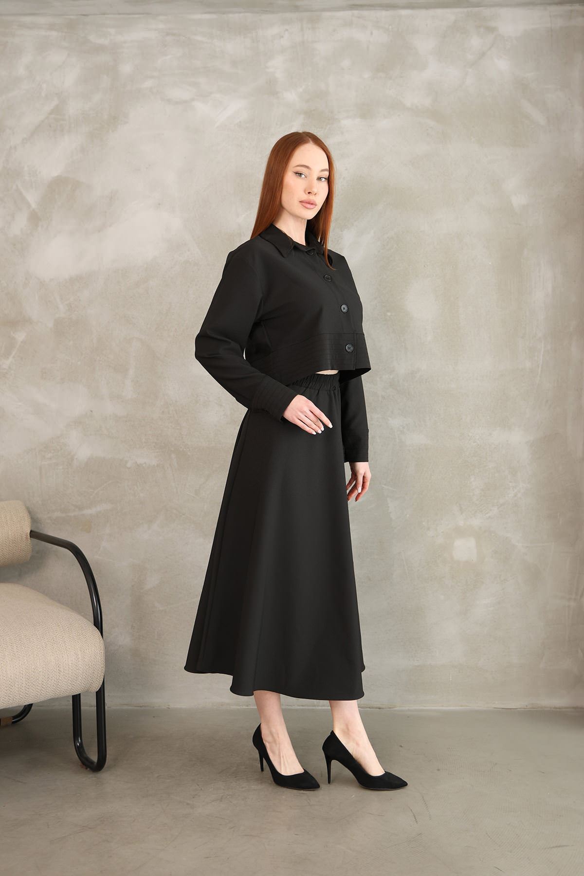 Sıralı Dikiş Detay Etekli Takım-Siyah