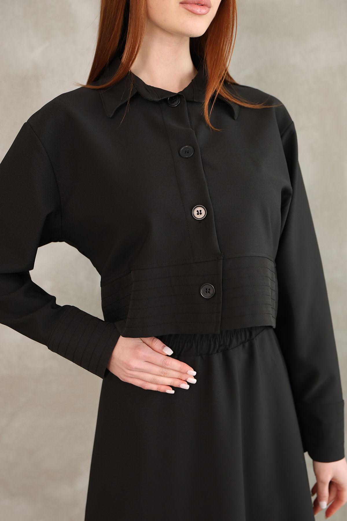 Sıralı Dikiş Detay Etekli Takım-Siyah