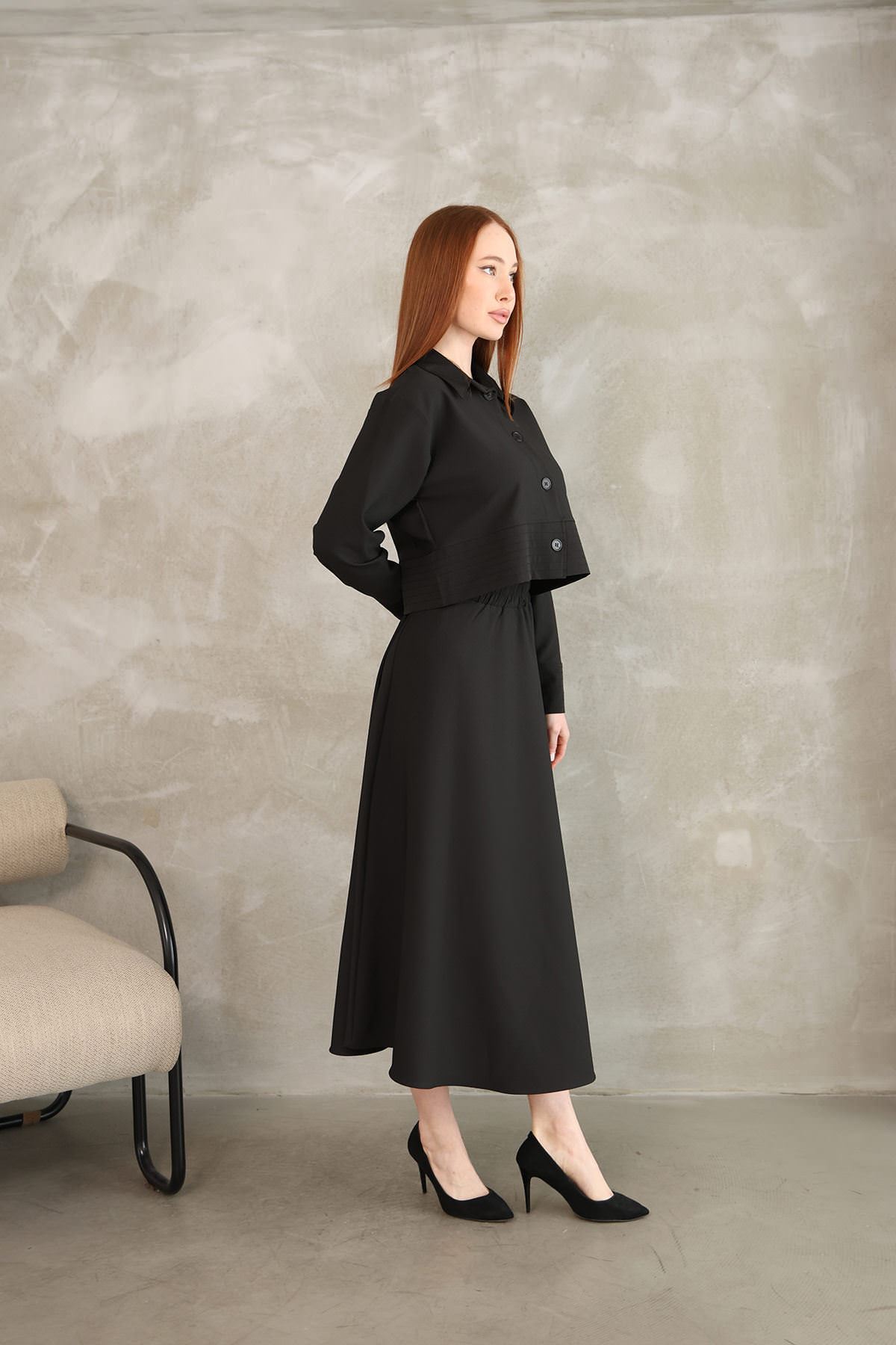 Sıralı Dikiş Detay Etekli Takım-Siyah