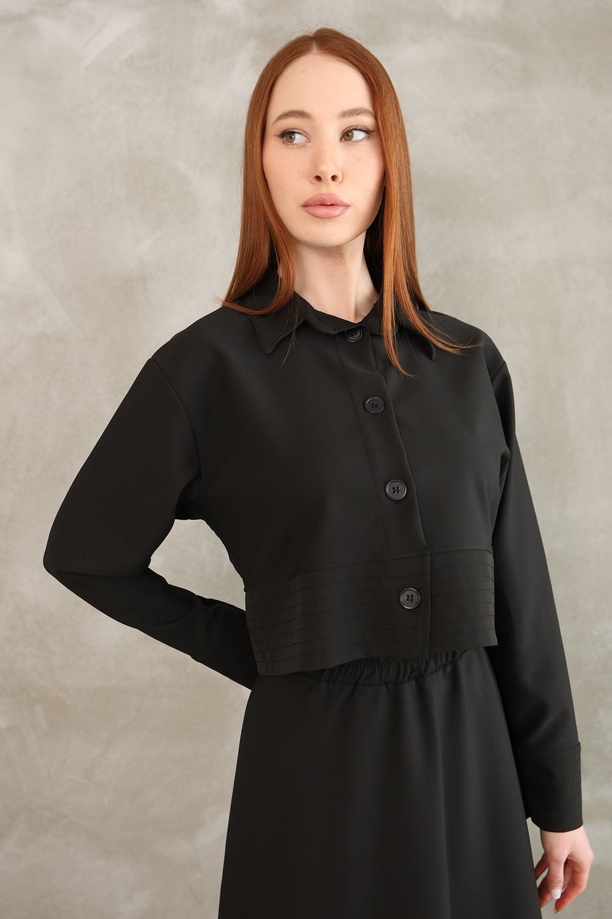 Sıralı Dikiş Detay Etekli Takım-Siyah