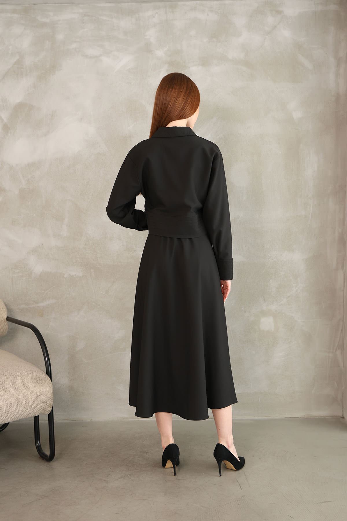 Sıralı Dikiş Detay Etekli Takım-Siyah