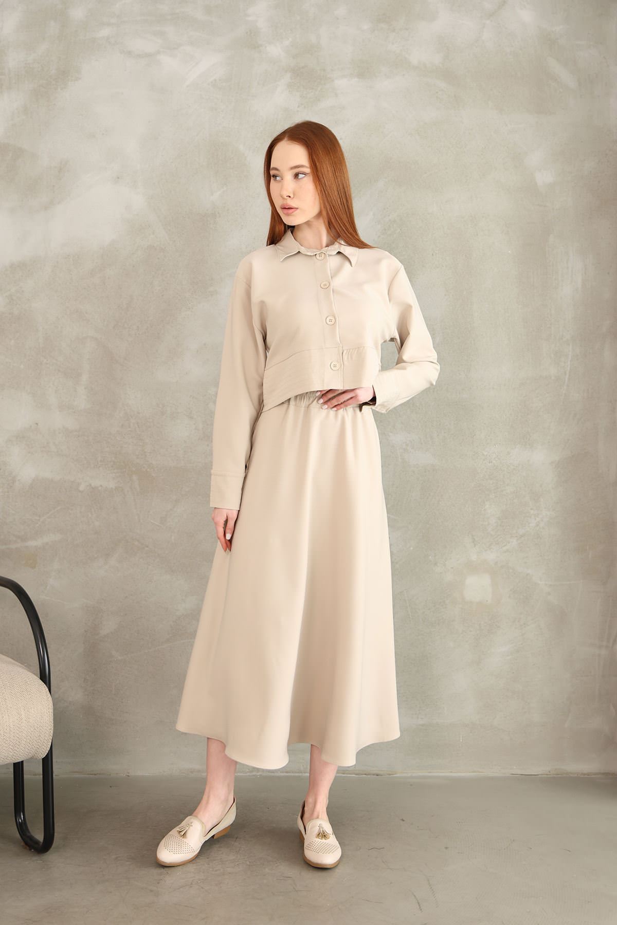 Sıralı Dikiş Detay Etekli Takım-Taş