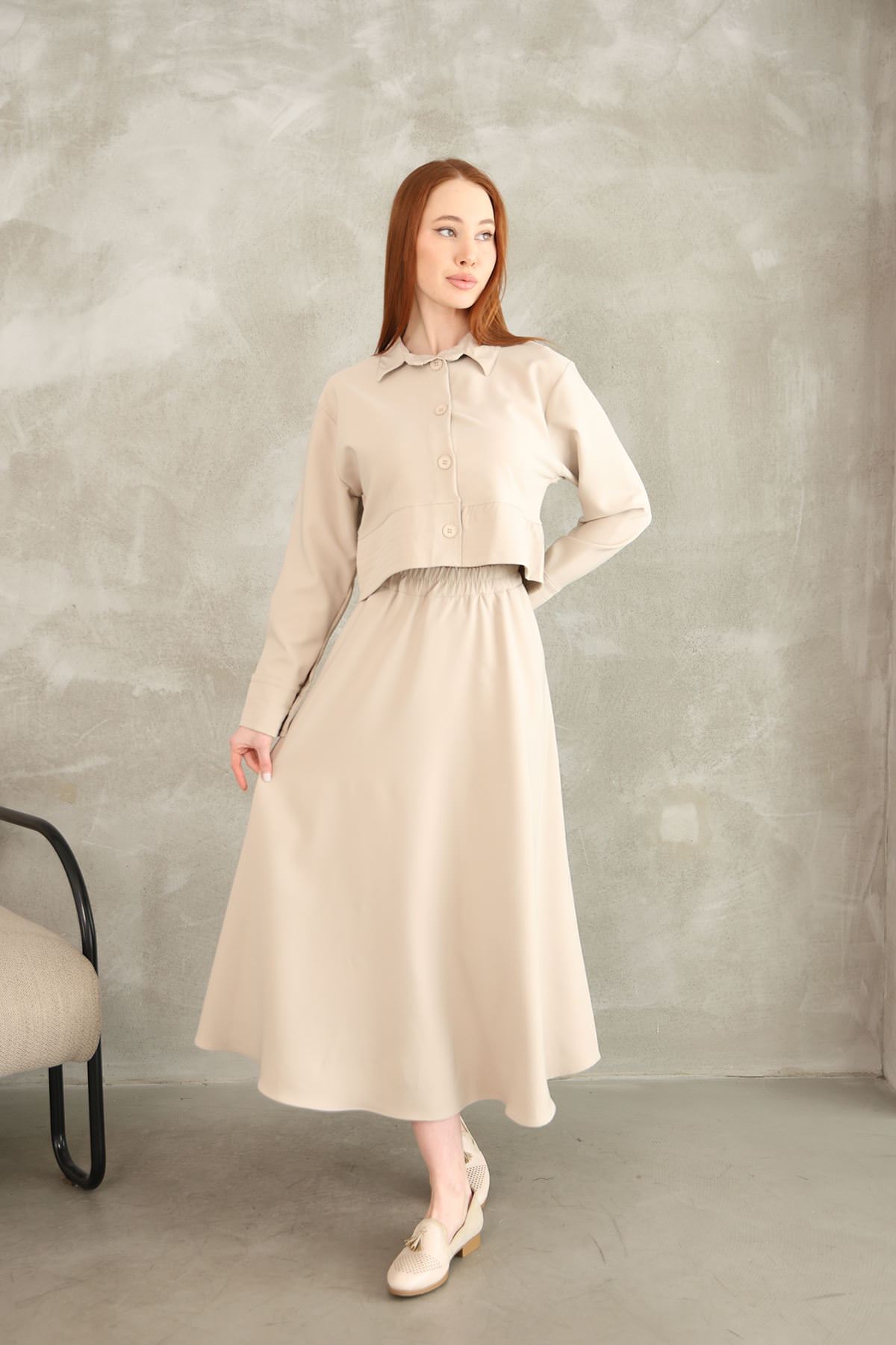 Sıralı Dikiş Detay Etekli Takım-Taş