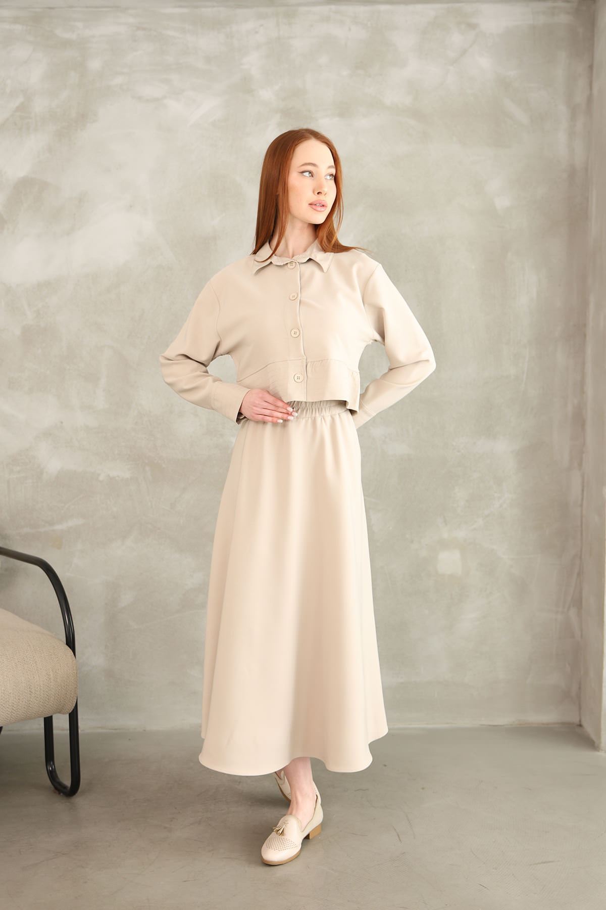 Sıralı Dikiş Detay Etekli Takım-Taş