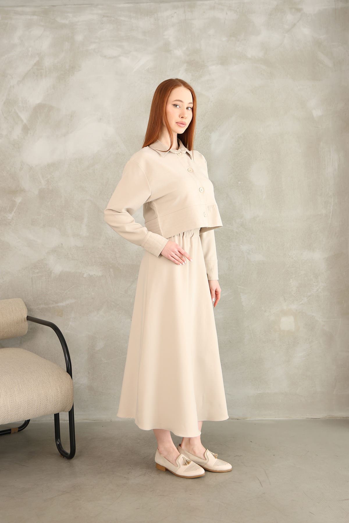 Sıralı Dikiş Detay Etekli Takım-Taş