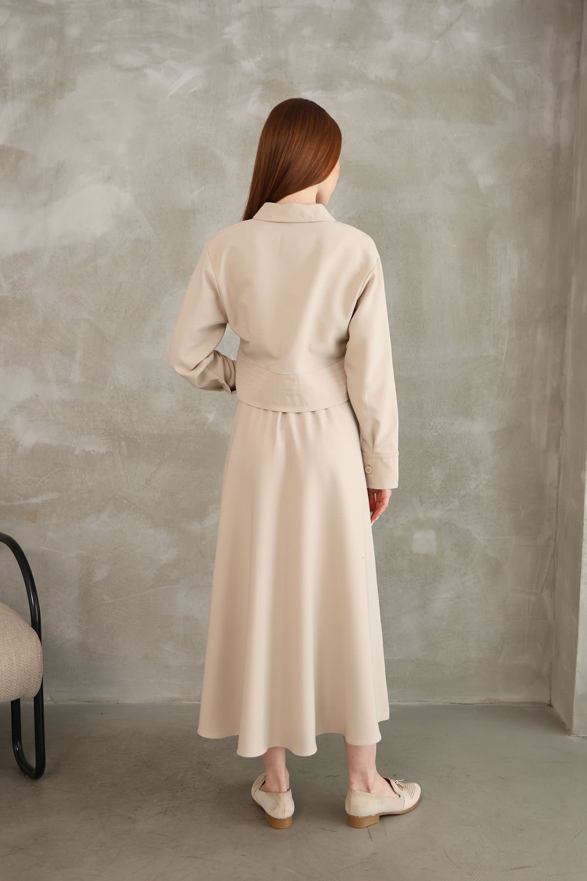 Sıralı Dikiş Detay Etekli Takım-Taş