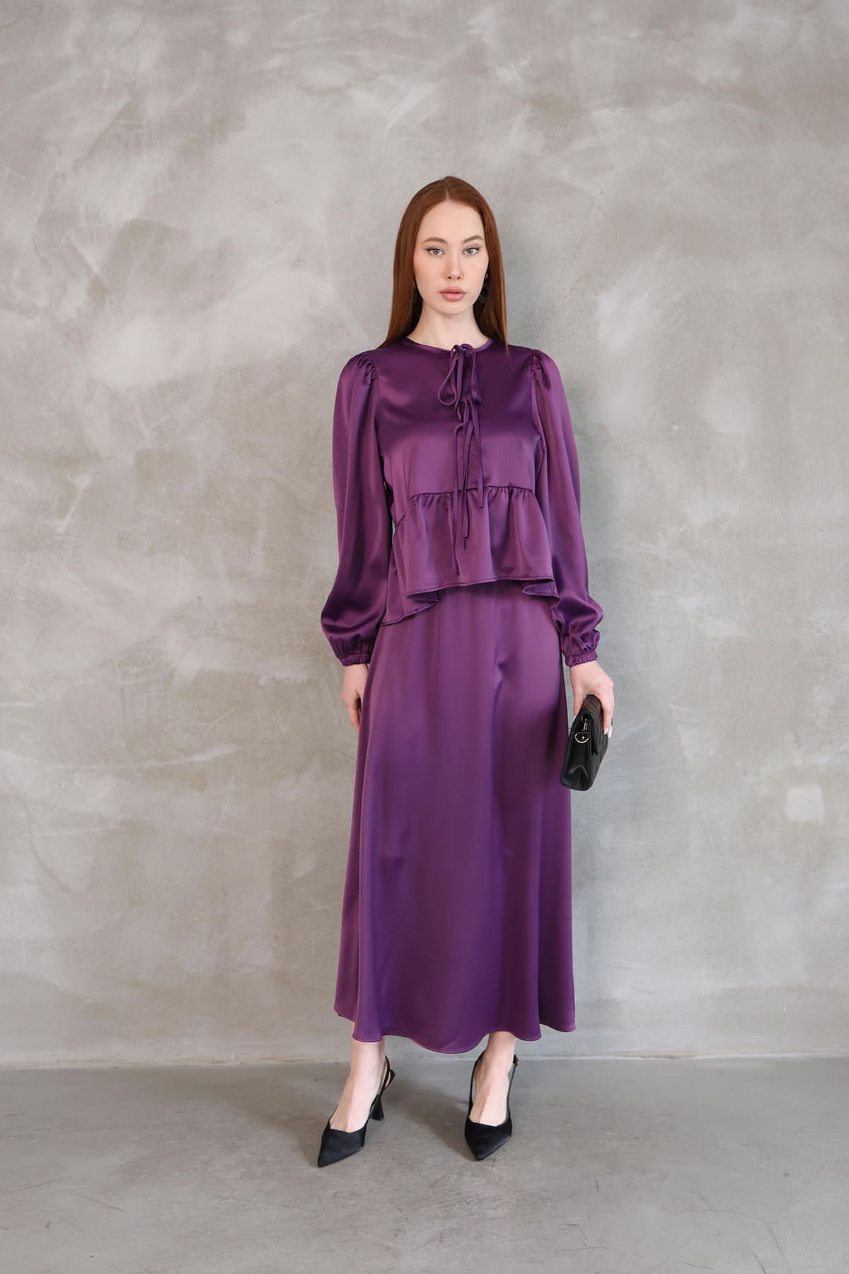 Yaka Biye Detay Etekli Takım-Mor