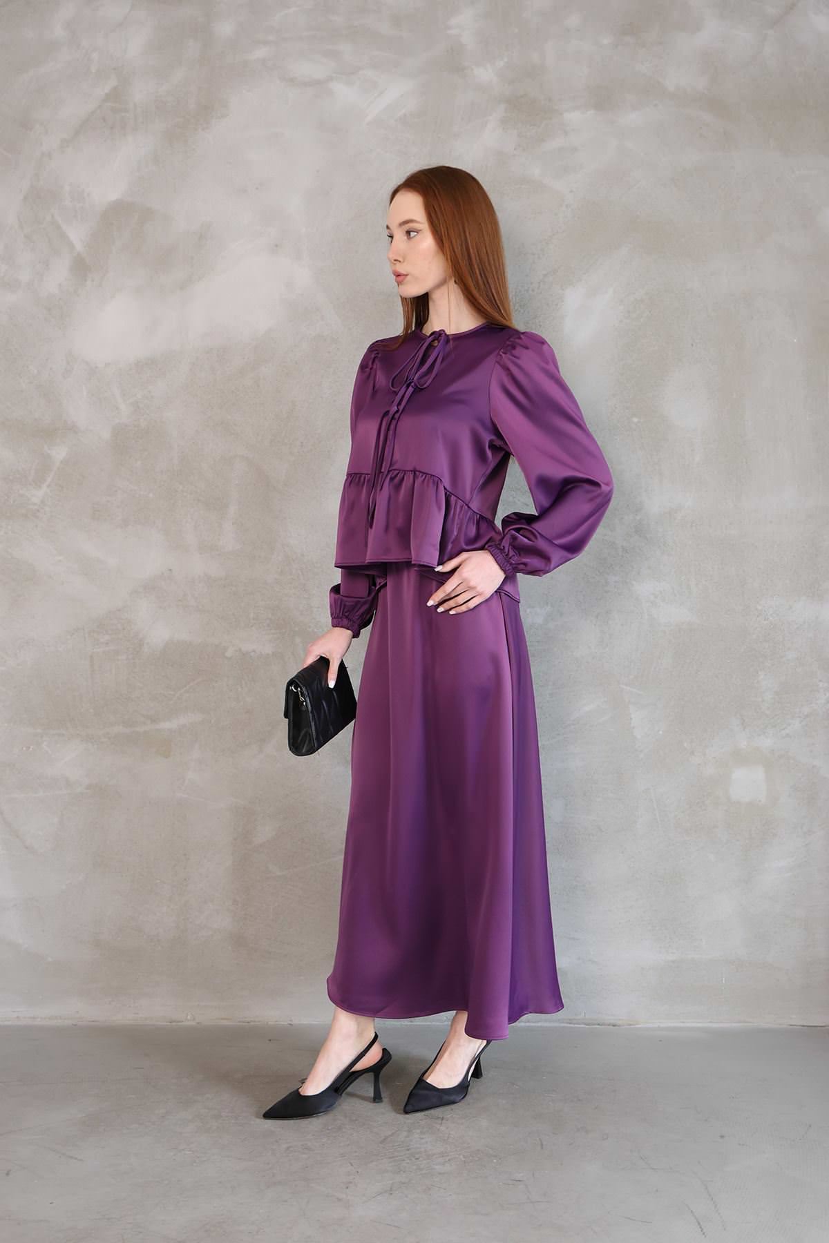 Yaka Biye Detay Etekli Takım-Mor