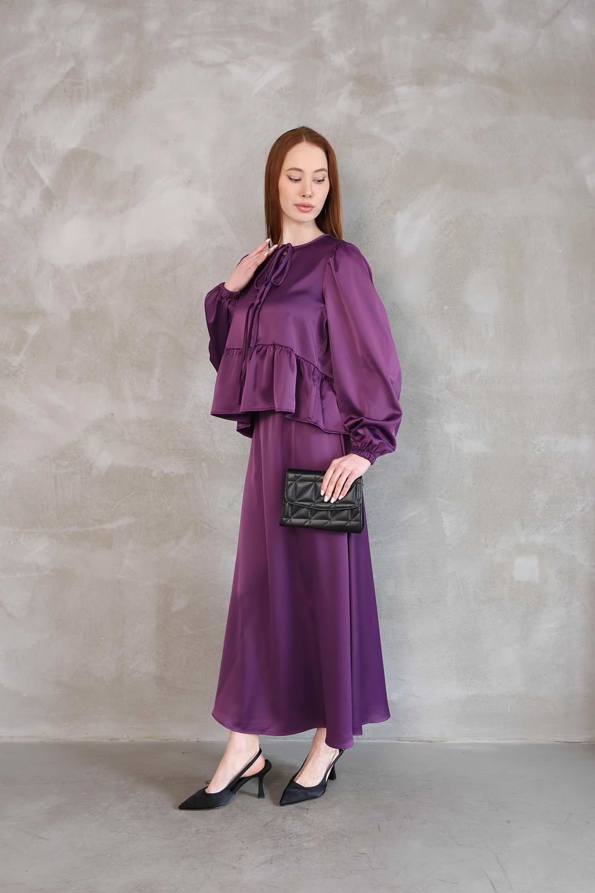 Yaka Biye Detay Etekli Takım-Mor