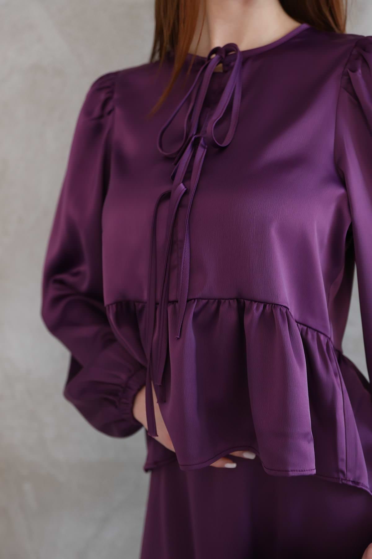 Yaka Biye Detay Etekli Takım-Mor