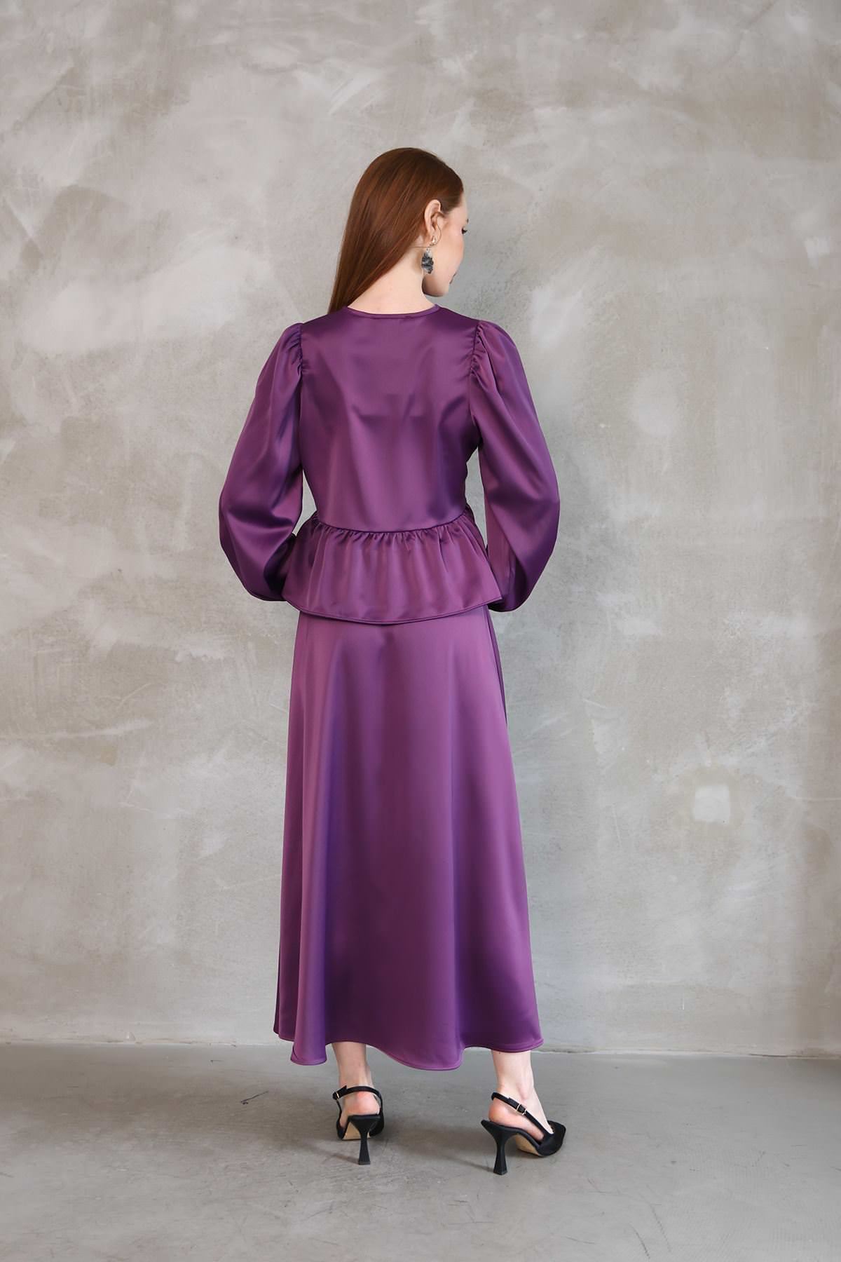 Yaka Biye Detay Etekli Takım-Mor