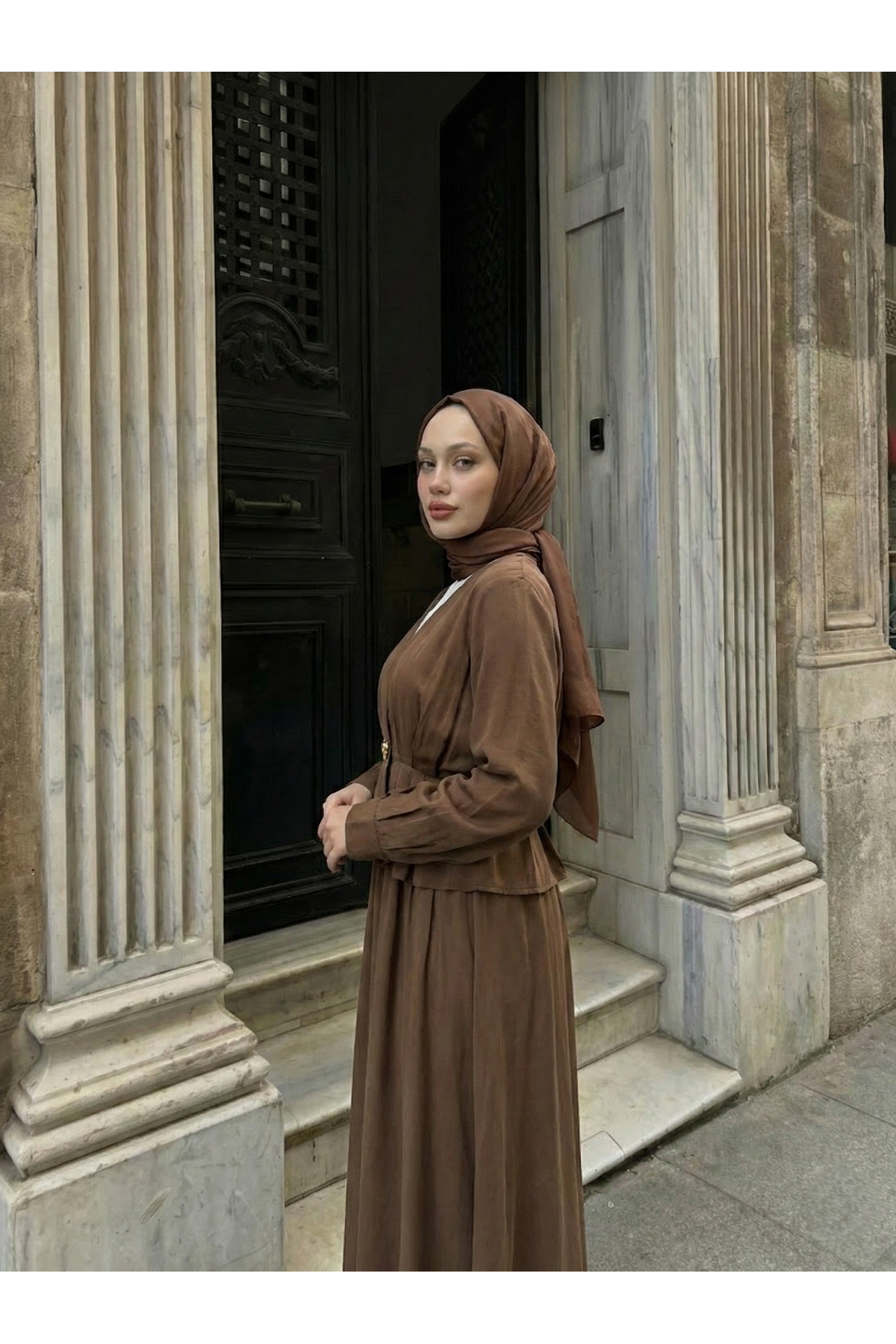 Ceket Düğme Detay Etekli Takım-Kahve